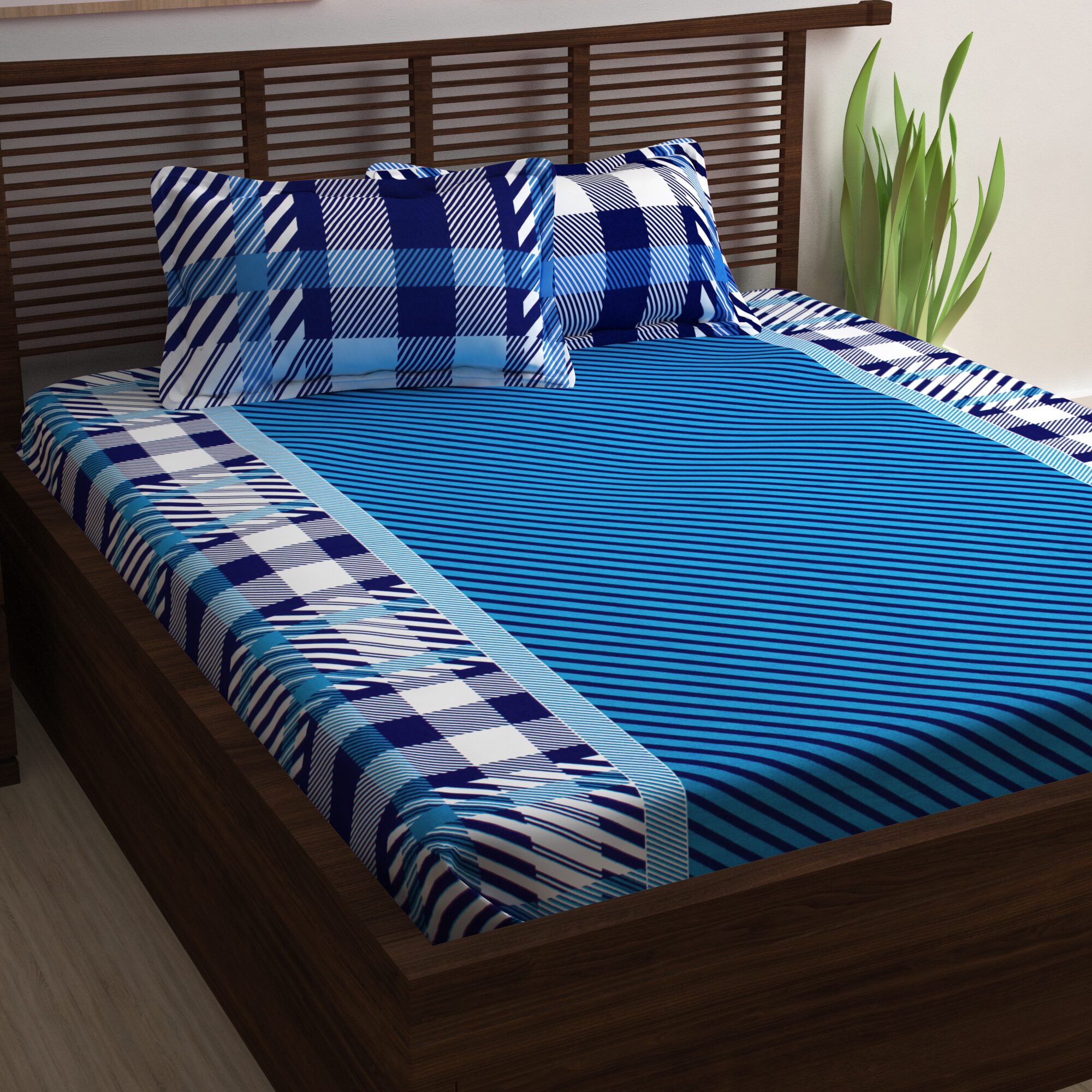 

Story Home Cotton Striped Double Size Bedsheet 152 TC ( 1 Bedsheet With 2 Pillow Covers Blue )