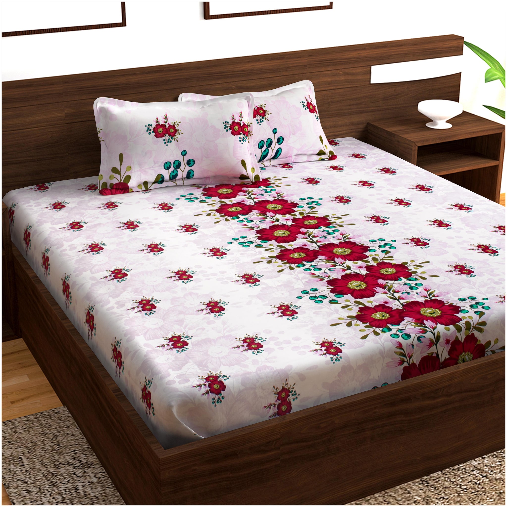 

Story Home Cotton Floral Double Size Bedsheet 152 TC ( 1 Bedsheet With 2 Pillow Covers Pink )