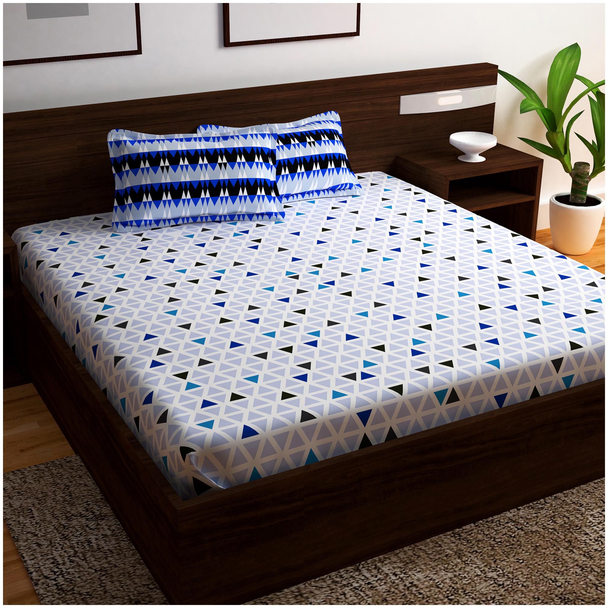 

Story Home Cotton Geometric Double Size Bedsheet 152 TC ( 1 Bedsheet With 2 Pillow Covers Blue )