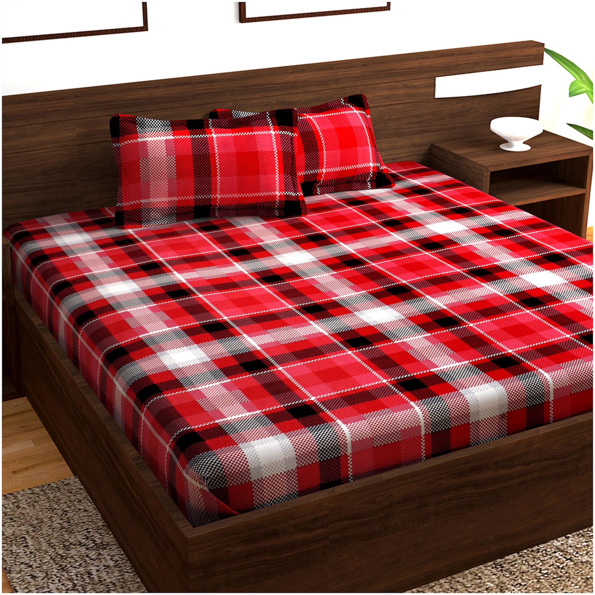 

Story Home Cotton Checkered Double Size Bedsheet 152 TC ( 1 Bedsheet With 2 Pillow Covers Red )