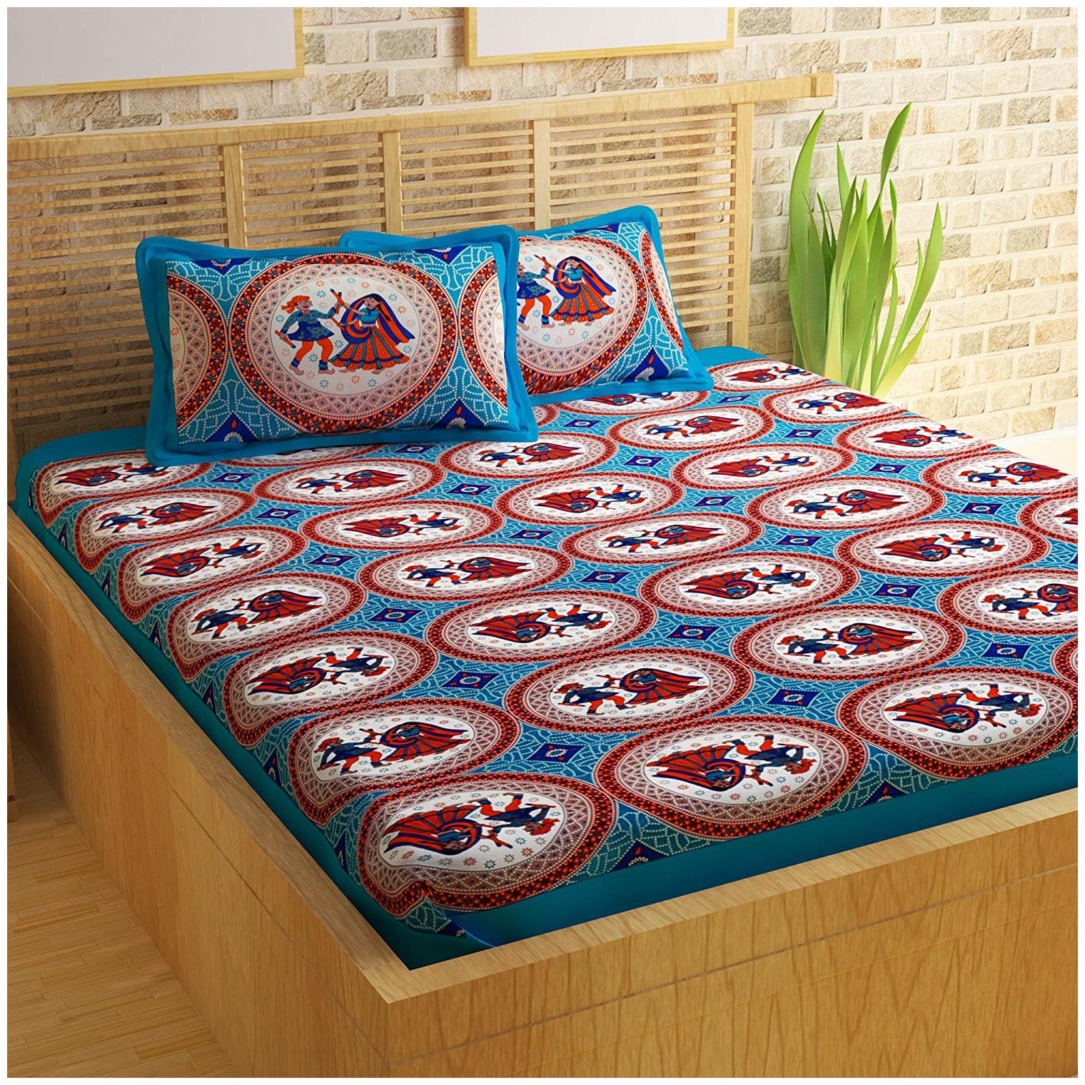 

Story Home Cotton Printed Double Size Bedsheet 120 TC ( 1 Bedsheet With 2 Pillow Covers Blue )