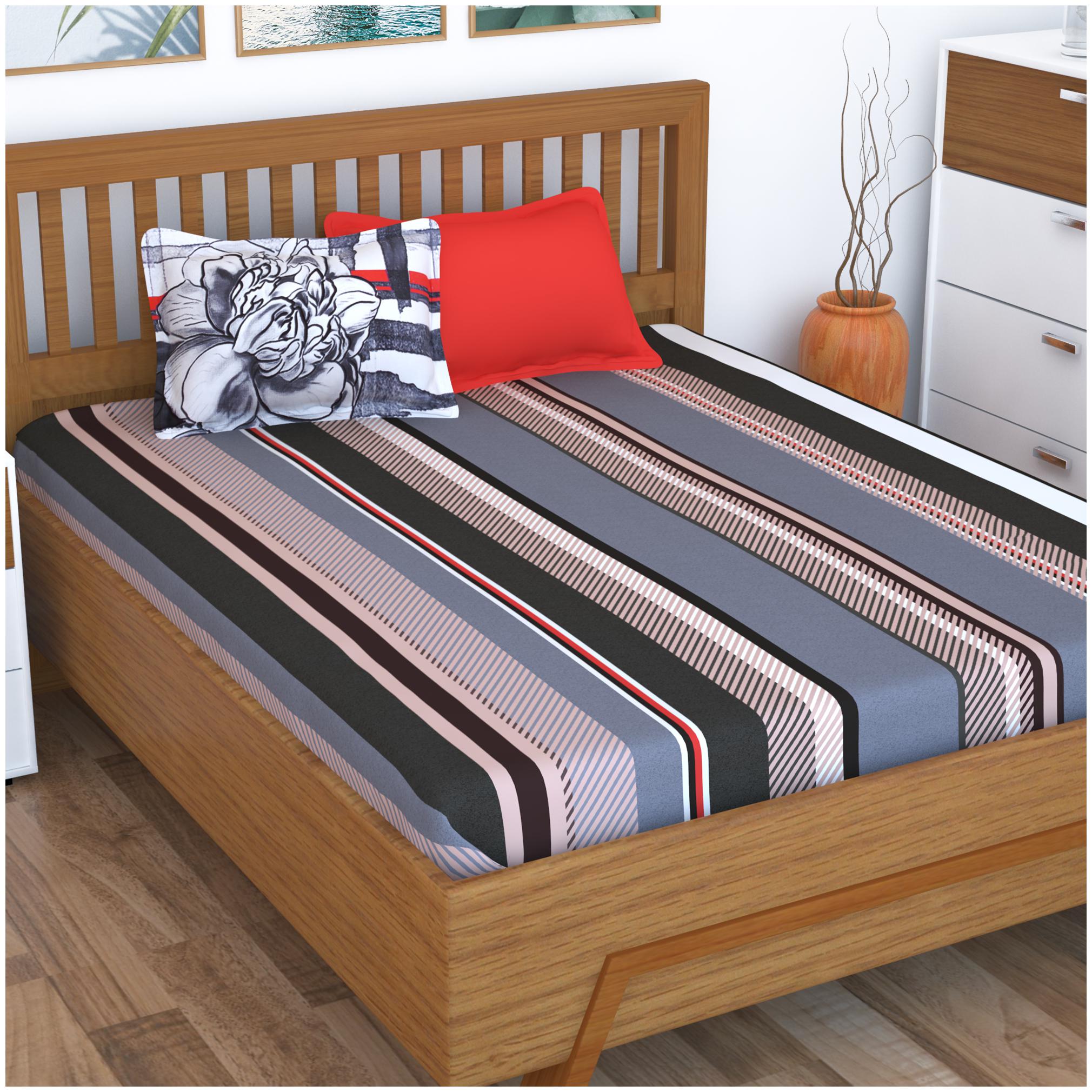 

Story Home Cotton Striped King Size Bedsheet 186 TC ( 1 Bedsheet With 2 Pillow Covers Red )