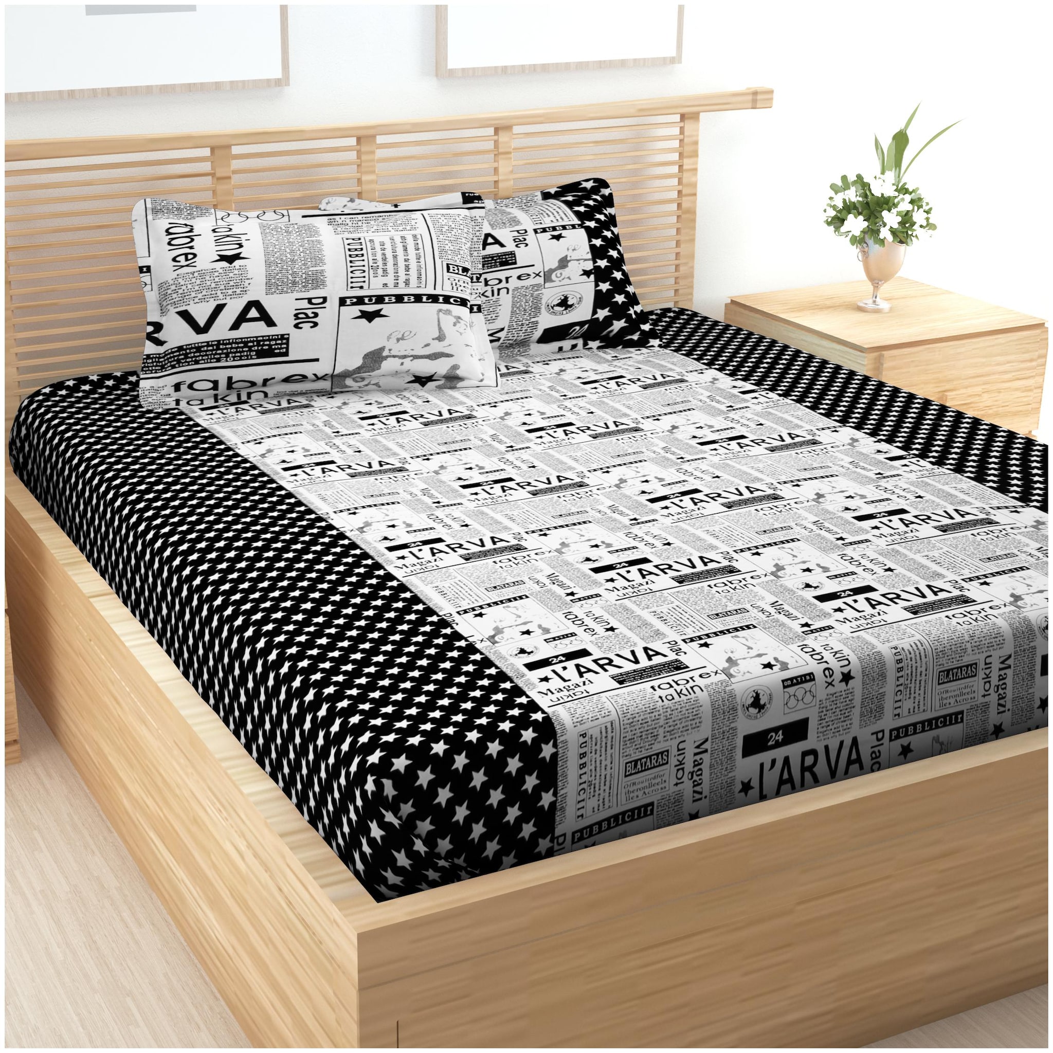 

Story Home Cotton Abstract Double Size Bedsheet 240 TC ( 1 Bedsheet With 2 Pillow Covers Black )