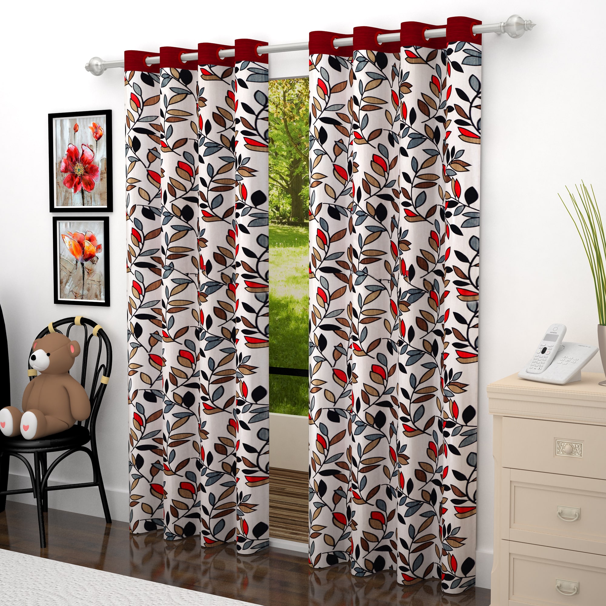 

Story Home Polyester Door Semi Transparent Maroon Regular Curtain ( Eyelet Closure Floral )