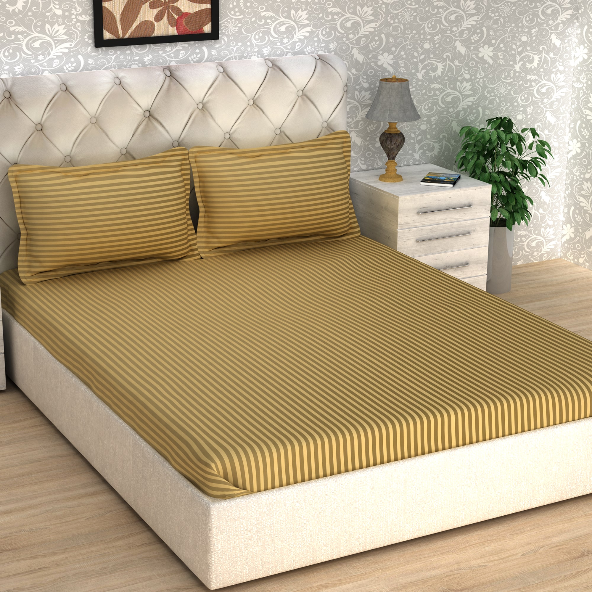 

Story Home Cotton Striped King Size Bedsheet 300 TC ( 1 Bedsheet With 2 Pillow Covers Brown )