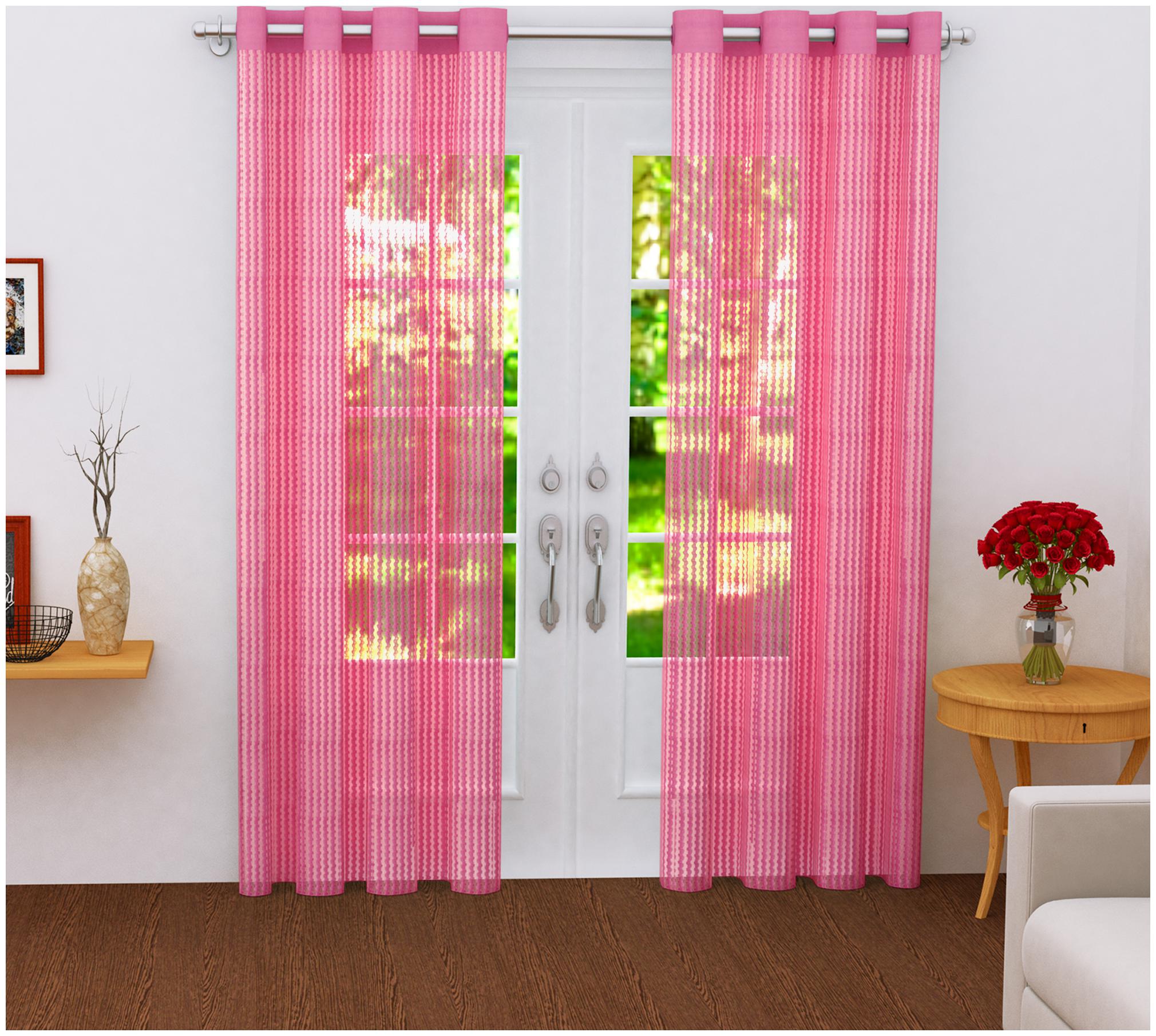 

Story Home Polyester Door Semi Transparent Pink Sheer Curtain ( Eyelet Closure Striped )