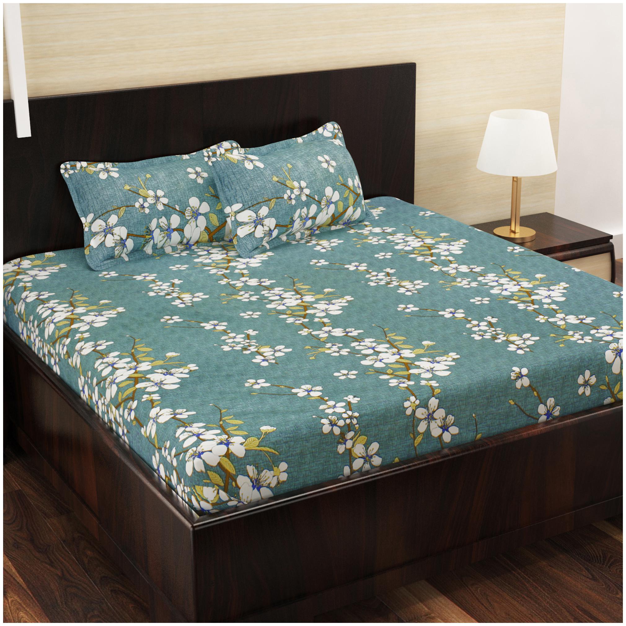 

Story Home Cotton Floral Double Size Bedsheet 152 TC ( 1 Bedsheet With 2 Pillow Covers Blue )