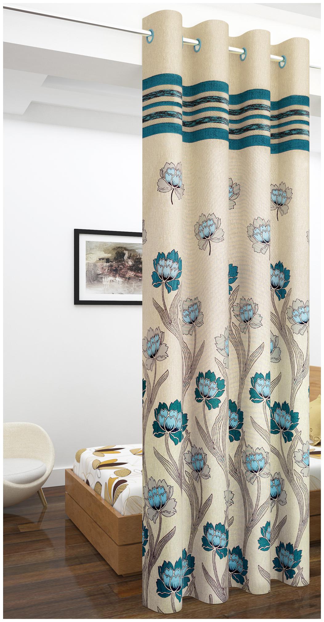 

Story Home Jacquard Long Door Semi Transparent Blue Regular Curtain ( Eyelet Closure Floral )