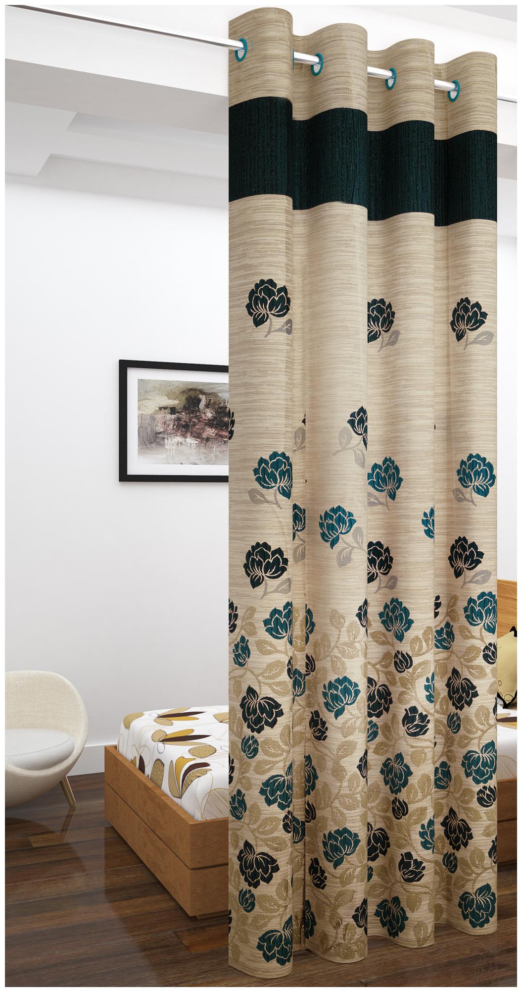 

Story Home Jacquard Long Door Semi Transparent Blue Regular Curtain ( Eyelet Closure Floral )