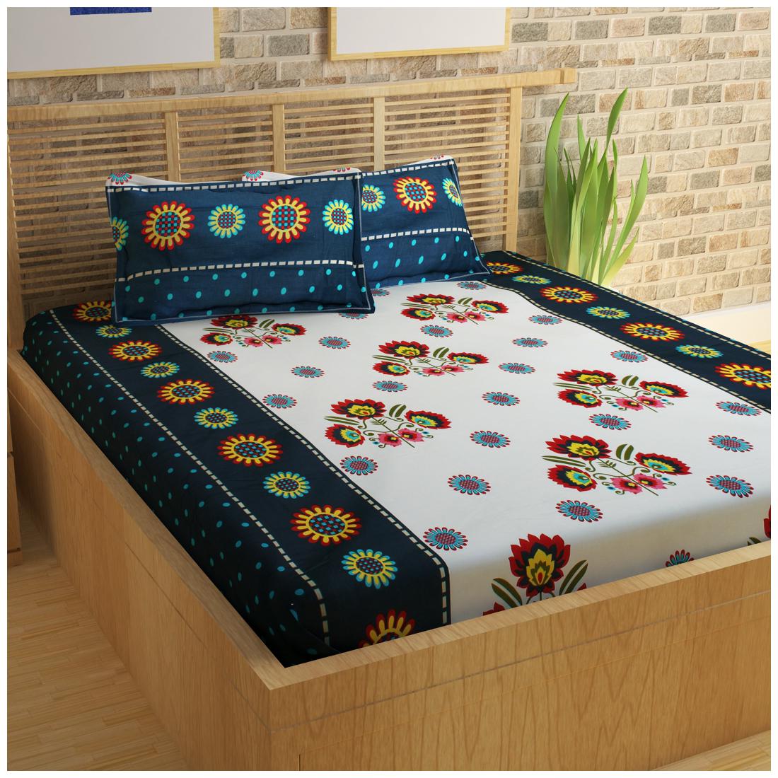 

Story Home Cotton Floral Double Size Bedsheet 152 TC ( 1 Bedsheet With 2 Pillow Covers Turquoise )
