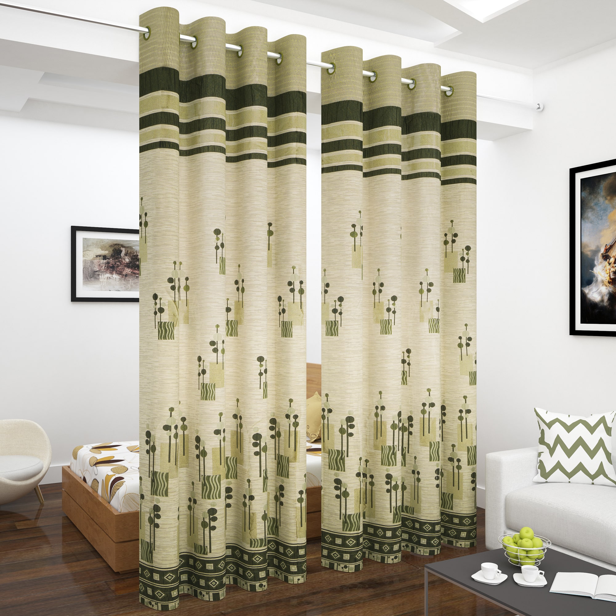 

Story Home Jacquard Long Door Semi Transparent Green Regular Curtain ( Eyelet Closure Abstract )