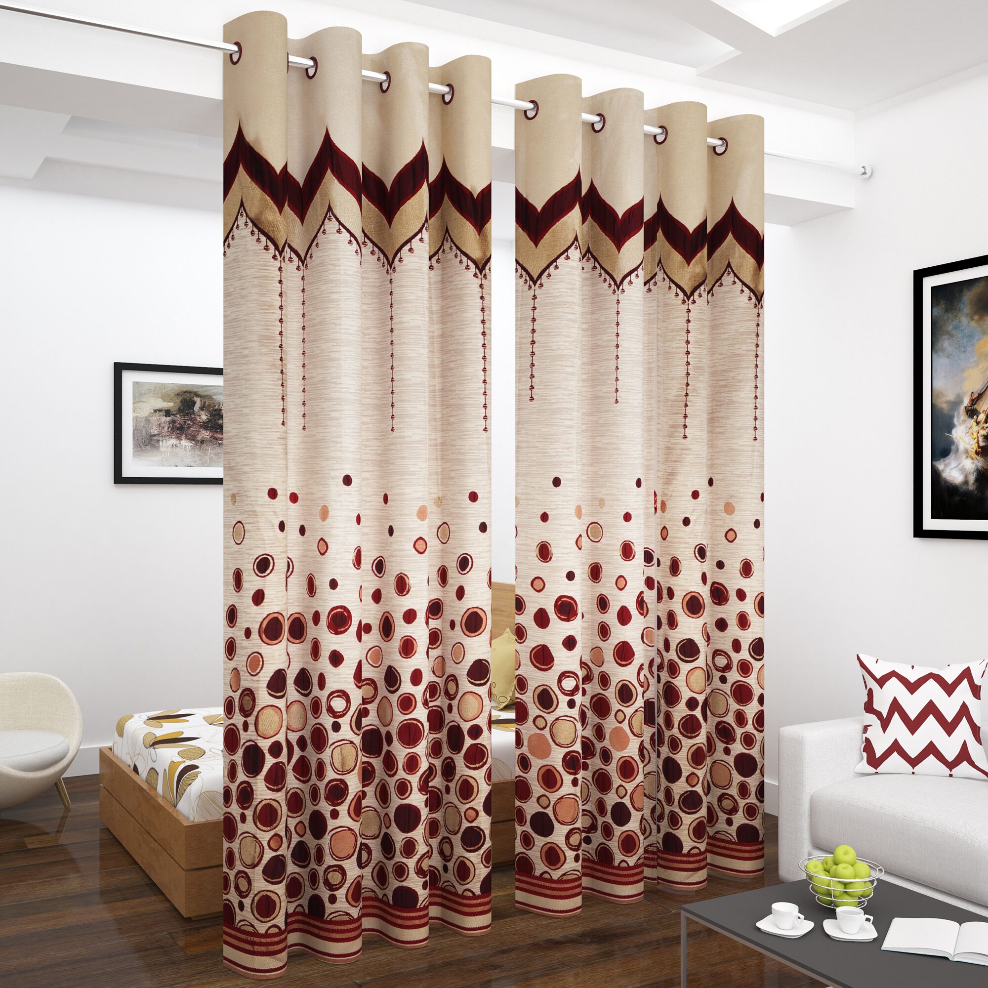 

Story Home Jacquard Long Door Semi Transparent Maroon Regular Curtain ( Eyelet Closure Polka Dots )