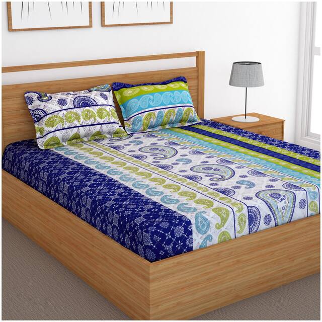 Bedspun Cotton Geometric Double Size Bedsheet 120 TC ( 1 Bedsheet With 2 Pillow Covers , Blue )