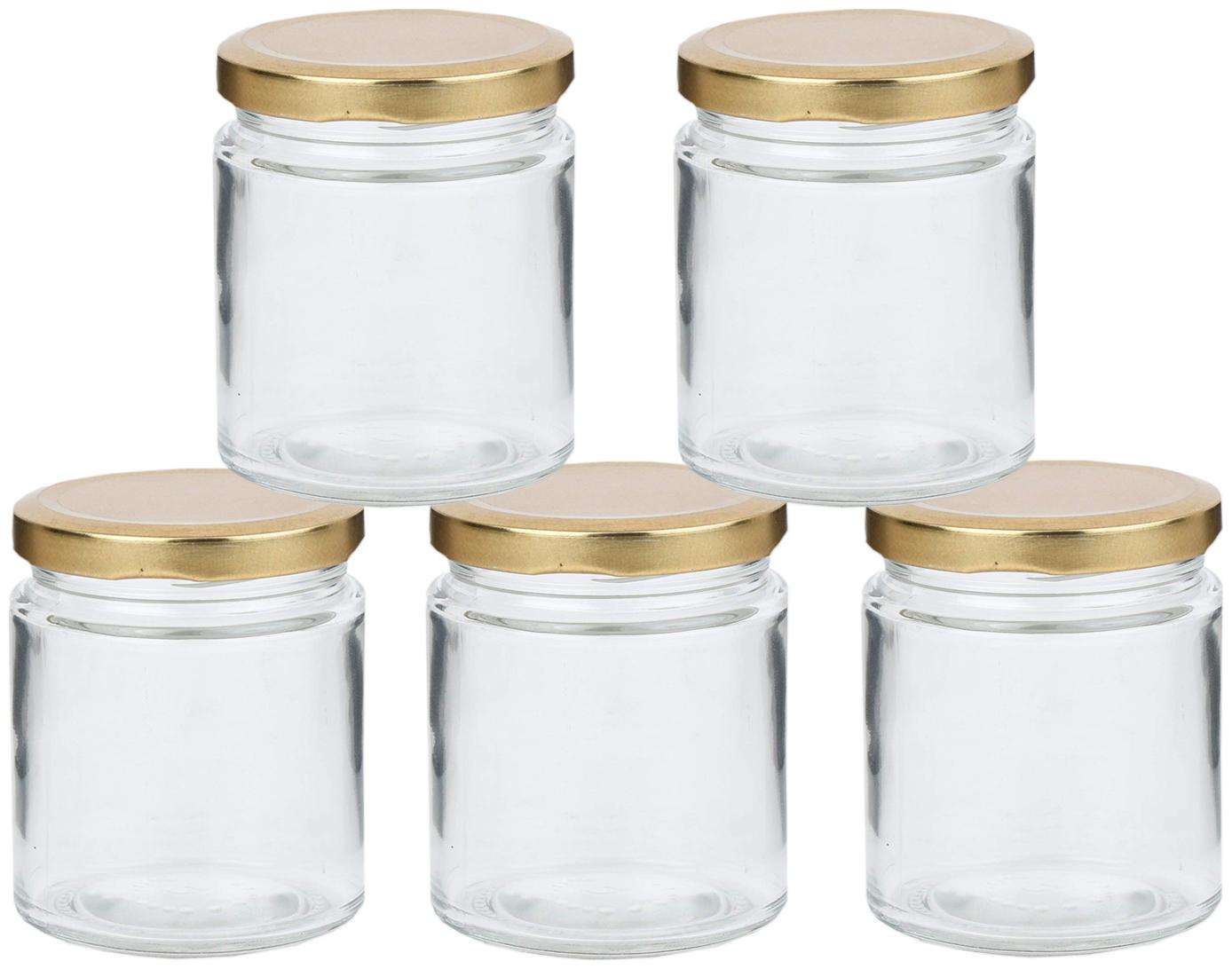 

Style Homez Glass Jar with Metal Golden Color Lid Air Tight Rust Proof Cap Capacity 300 ml or 150 Grams 5 pcs