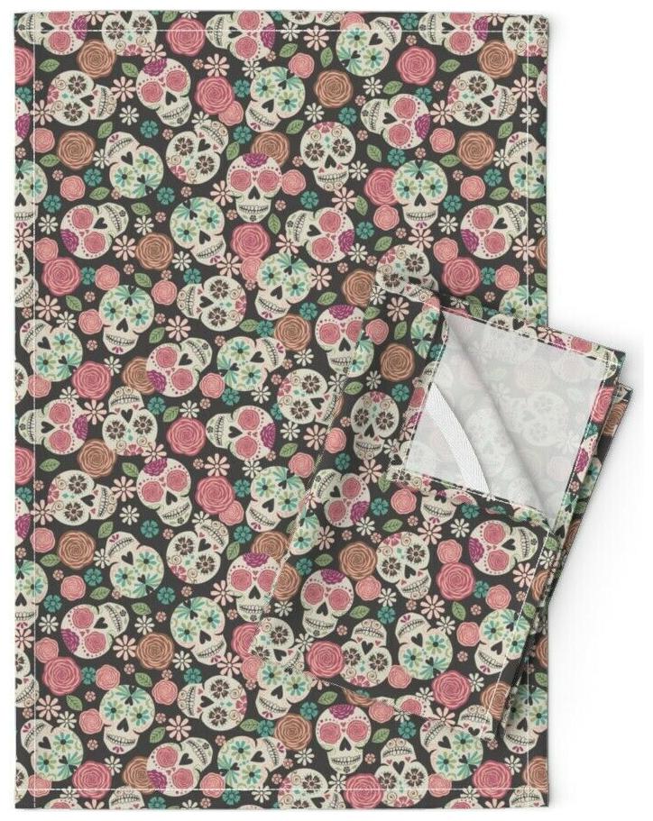 

Sugar Skull Floral Boho Aztec Linen Cotton Tea Towels by Roostery Set of 2