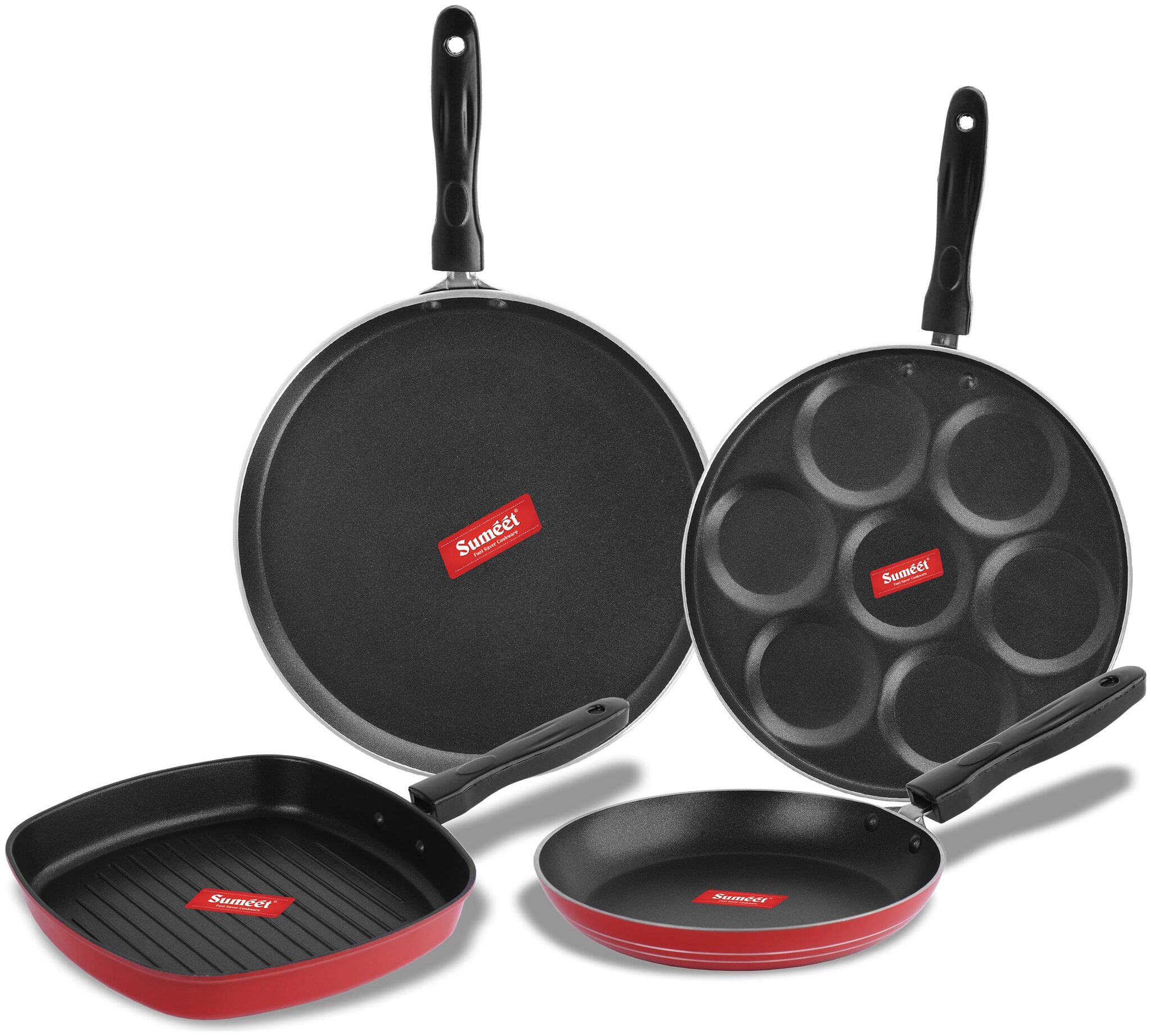 

Sumeet 2 6mm Thick Non-Stick Merah Cookware set (Dosa Tawa 26 5cm Dia Multi snack maker 26 5cm Dia Grill Pan 1 1L Capacity 22cm Dia Tapper pan 20cm Dia)