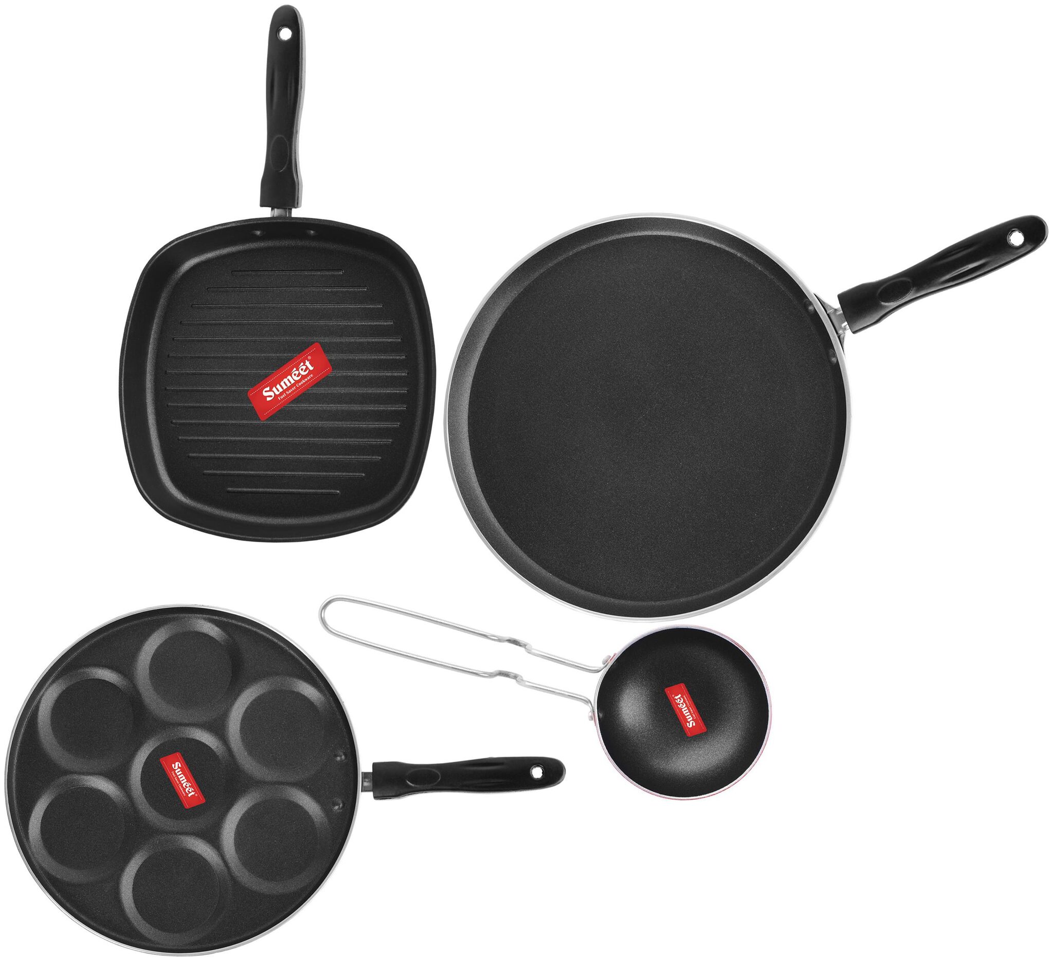 

Sumeet 2 6mm Thick Non-Stick Qeso Cookware set (Dosa Tawa 26 5cm Dia Multi snack maker 26 5cm Dia Grill Pan 1 1L Capacity 22cm Dia Tadka Pan 10cm Dia)