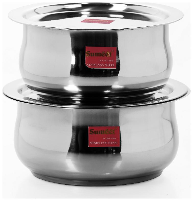 

Sumeet 2 pcs Stainless Steel Induction Gas Stove Friendly Belly Shape Container Set Tope Cookware Set With Lids Size No 12 No 13