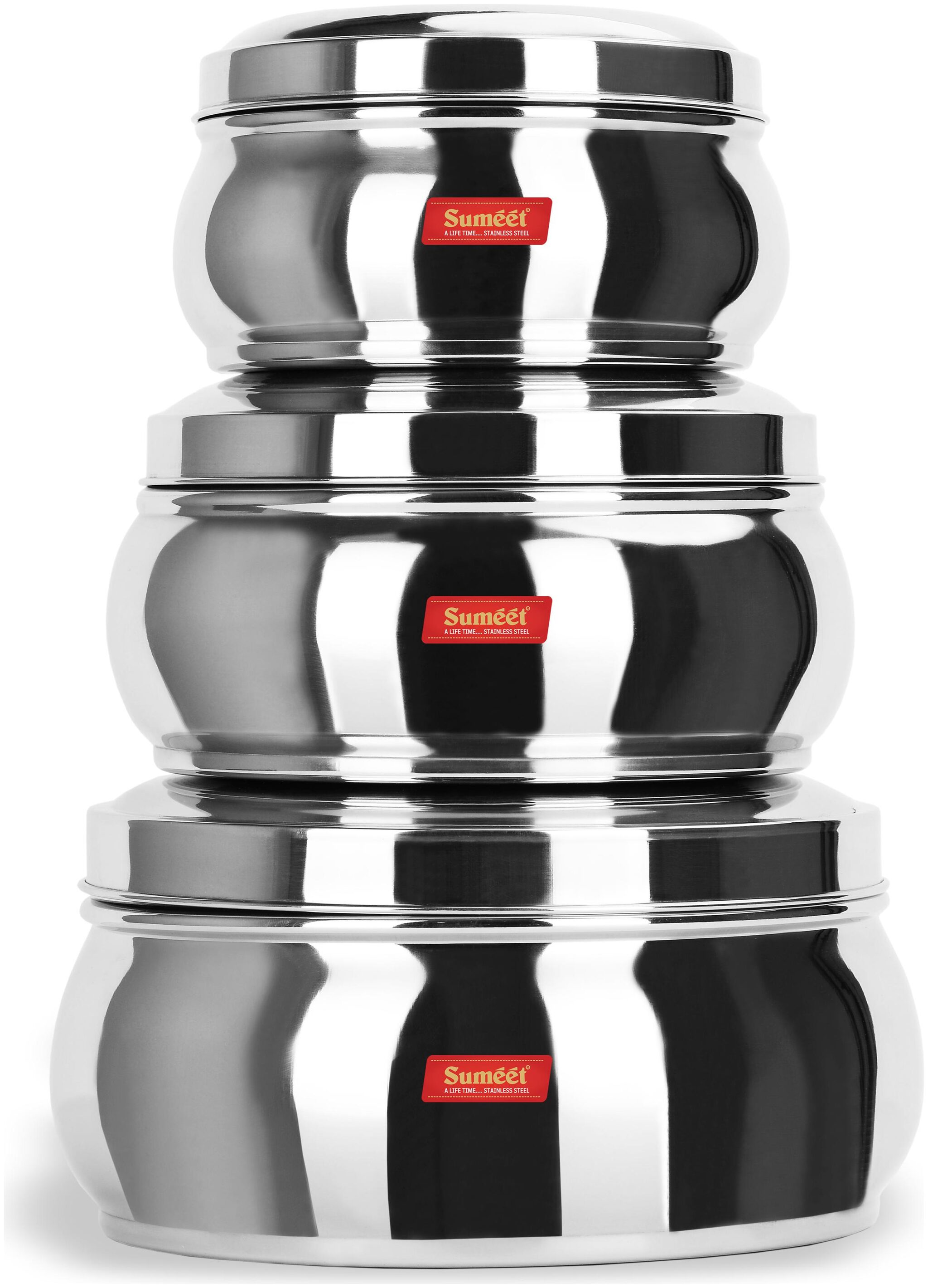 

Sumeet Belly shape Stainless Steel Canisters Storage Containers set of 3 Pcs (Dia 14cm 16 8cm 19 8cm)