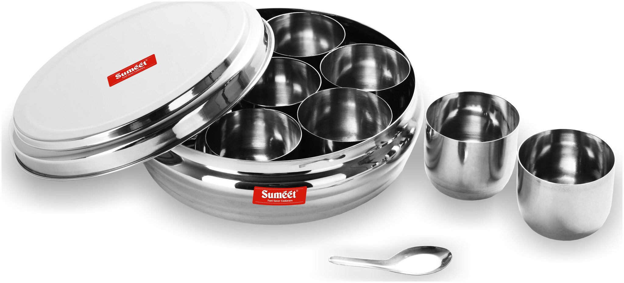 

Sumeet Stainless Steel Ring Shape Masala (Spice) Box Dabba Organiser With 7 Containers And Small Spoon Size No 11 (1 5 Ltr Capacity)