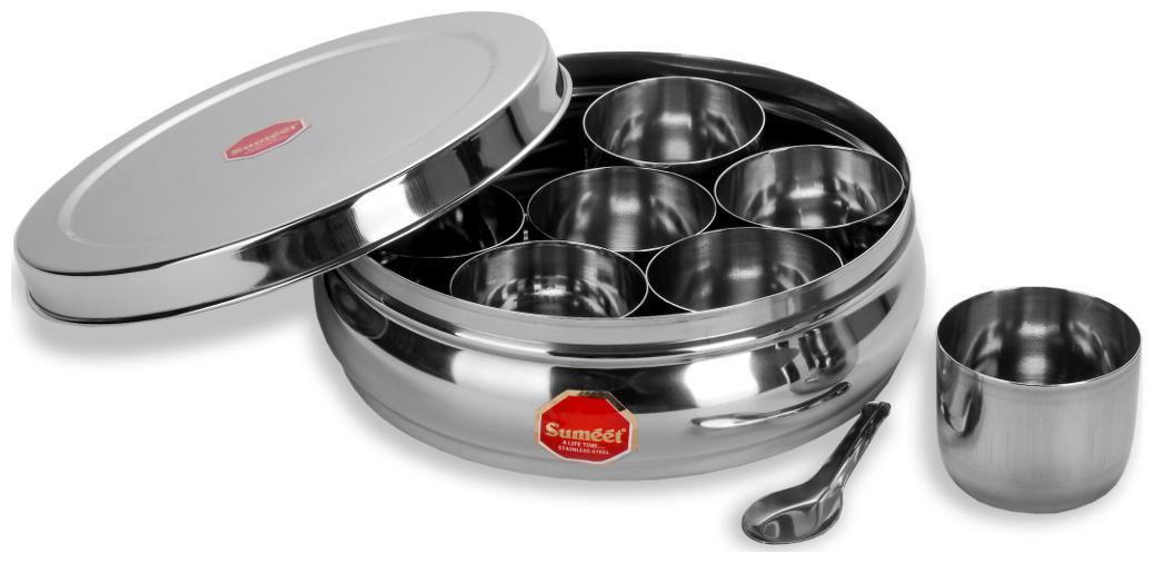

Sumeet Stainless Steel Belly Shape Masala (Spice) Box Dabba Organiser with 7 Containers and Small Spoon Size No 10 (17 1cm Dia) (1 1 Ltr Capacity)