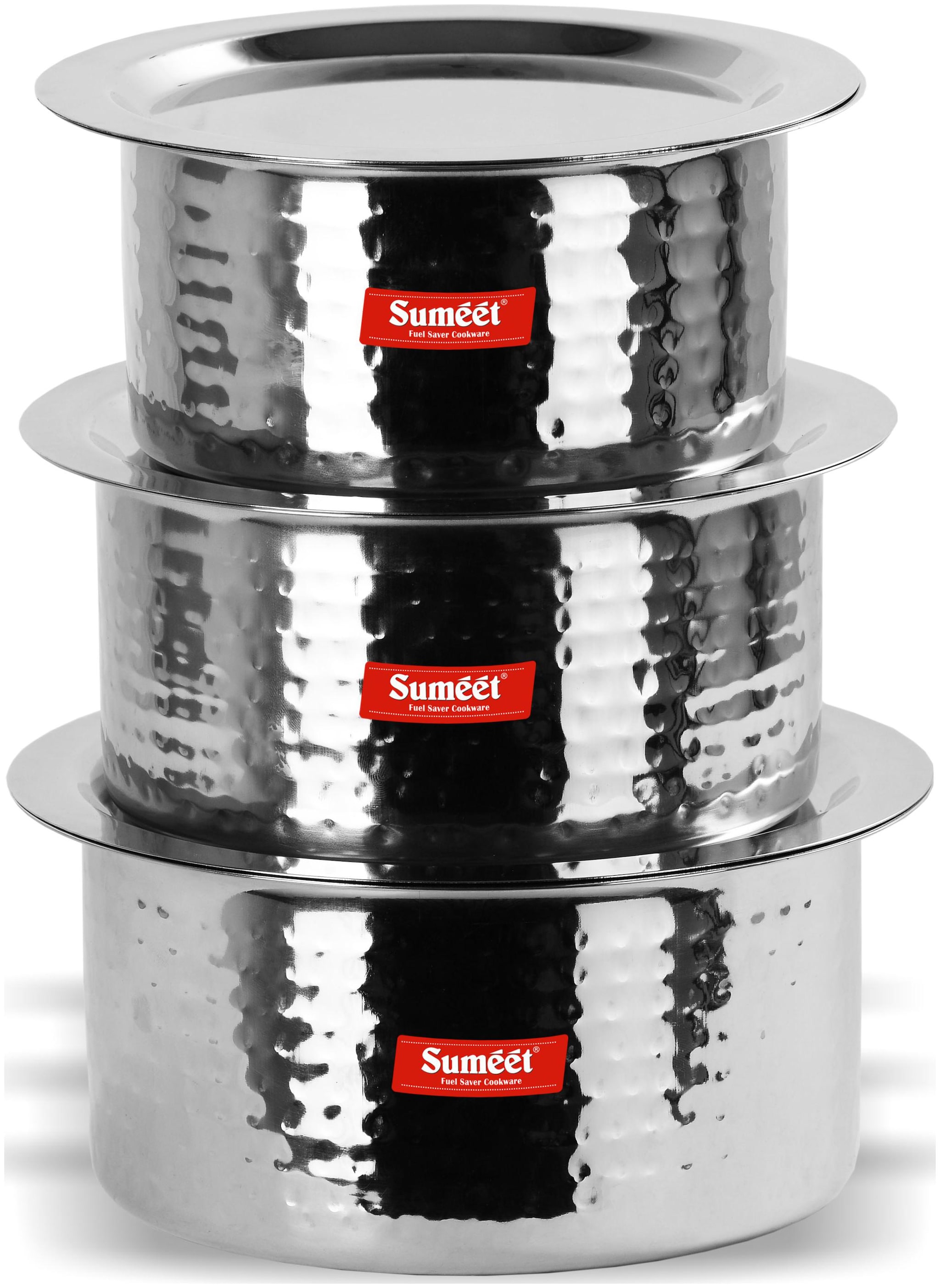 

Sumeet Stainless Steel Handcrafted Hammered Texture Induction Gas Stove Friendly Container Set Tope Cookware Set With Lids (Capacity -1 85 Ltr 2 3 Ltr 2 8 Ltr)