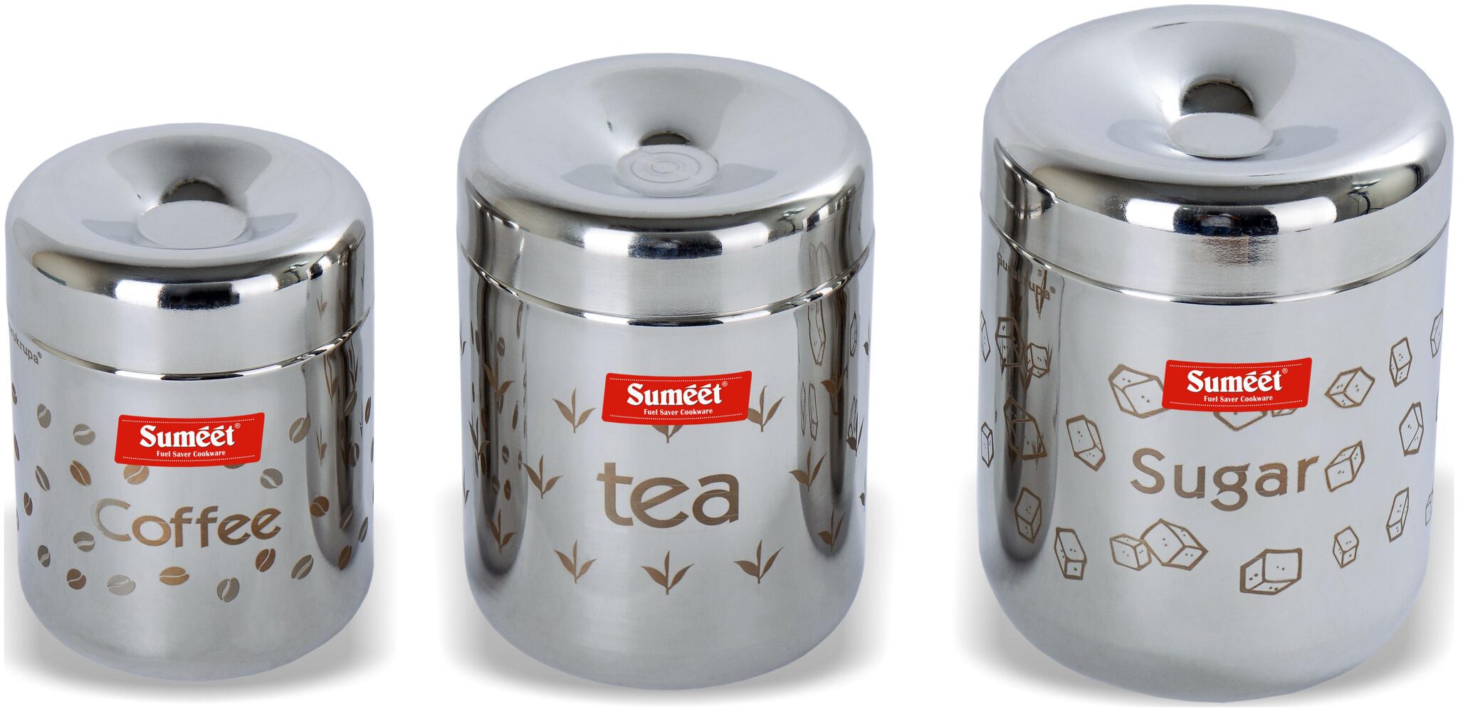 Sumeet Stainless Steel Laser Printed Tea;Cofee;Sugar Canisters Set Of 3 Capacity Coffee 300 ml;Tea 500 ml;Sugar 650ml by Ascipl