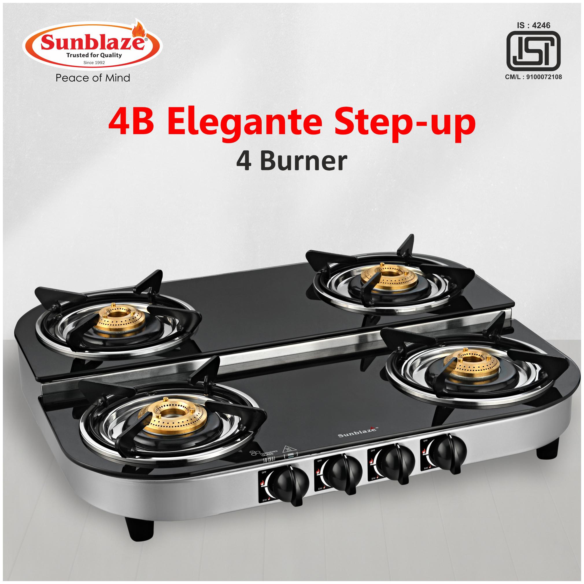 

Sunblaze 4B Elegante Step-up DT BG (1SB 1B 4 Burner Regular Black Gas Stove ISI Certified
