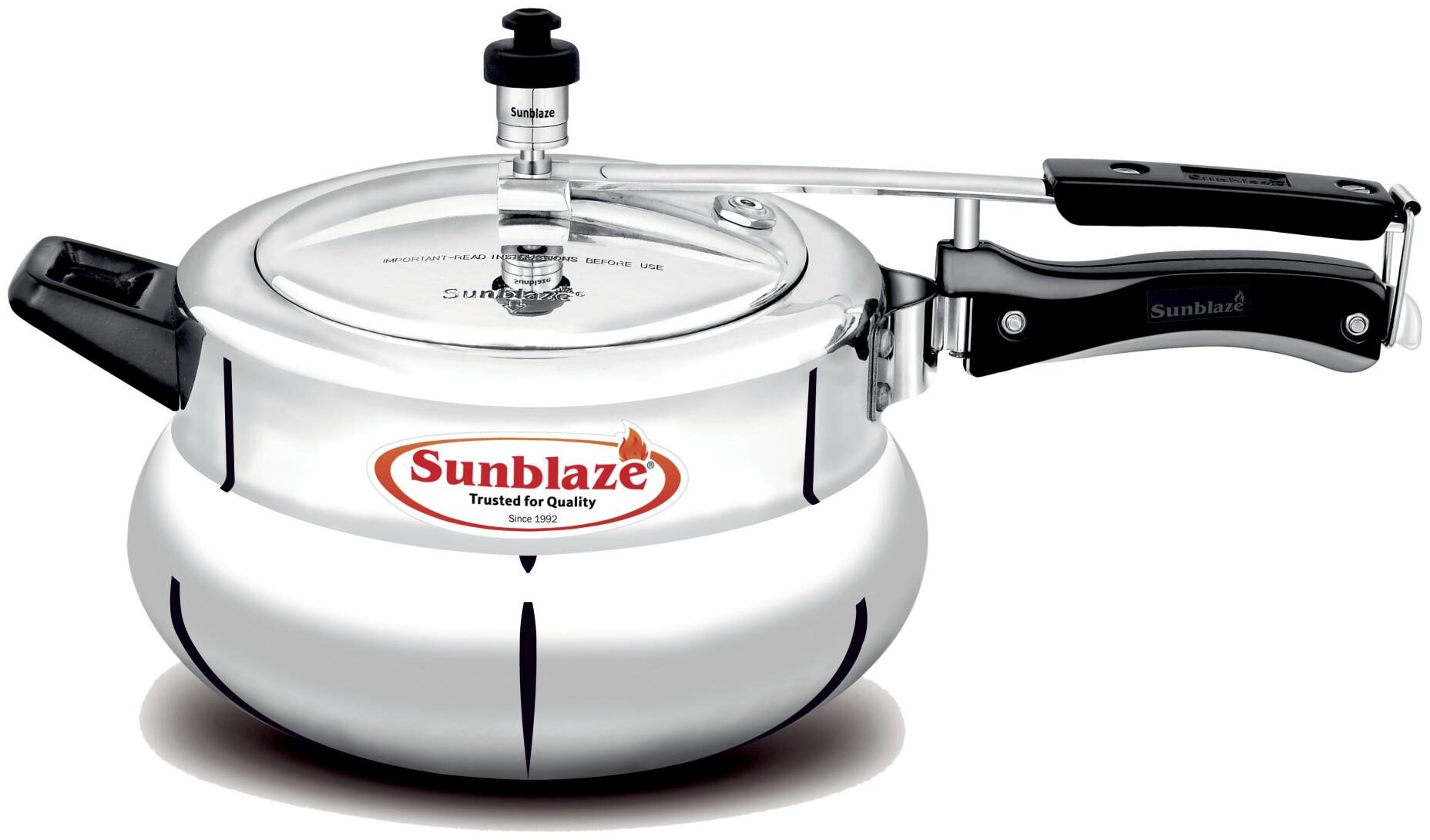 

Sunblaze Lotus Non Induction Base Anti-Bulging Fuel Efficient Base Best Aluminium Heavy Pressure Cooker with Inner Lid Silver 5 L