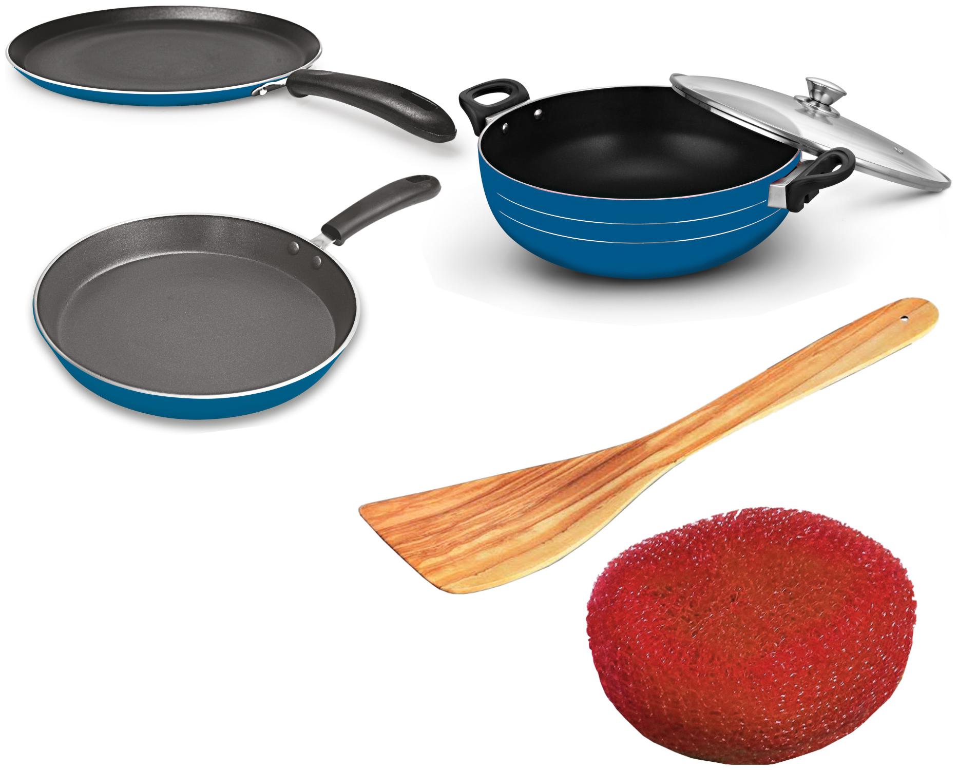 

Sunblaze Non-Stick Cookware Combo Set Induction Base Kadai with Glass Lid Fry Pan and Dosa Roti Tawa (1 Sponge and 1 Spatula)