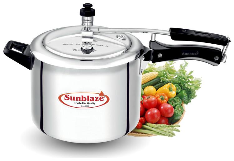 

Sunblaze Secura Non Induction Base Anti-Bulging Fuel Efficient Base Best Aluminium Heavy Pressure Cooker with Inner Lid Silver 10 L