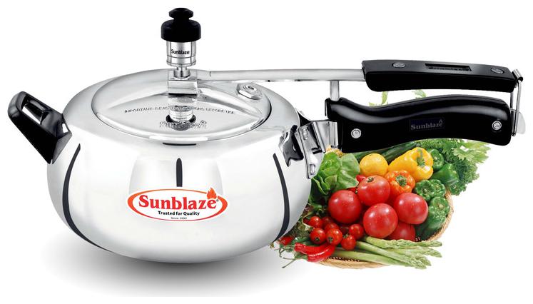 

Sunblaze Style-O-Curve Induction Base Anti-Bulging Fuel Efficient Base Best Aluminium Heavy Pressure Cooker with Inner Lid Silver 5 L
