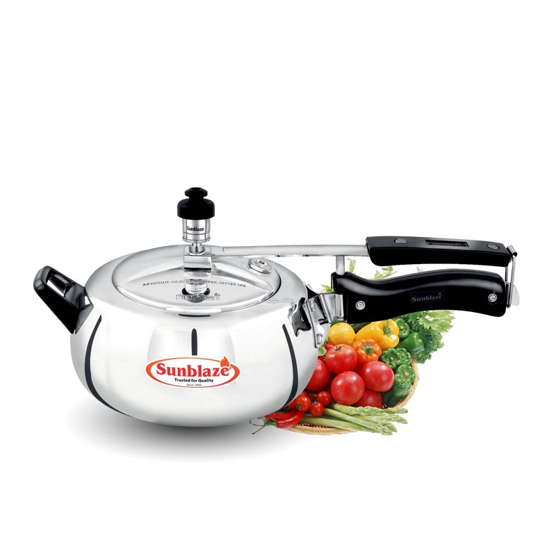 

Sunblaze Style-O-Curve Non Induction Base Anti-Bulging Fuel Efficient Base Best Aluminium Heavy Pressure Cooker with Inner Lid Silver 5 L