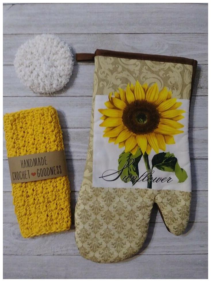 

sunflower oven mitt crochet scrubby kitchen set Yellow gold dish cloth handmade
