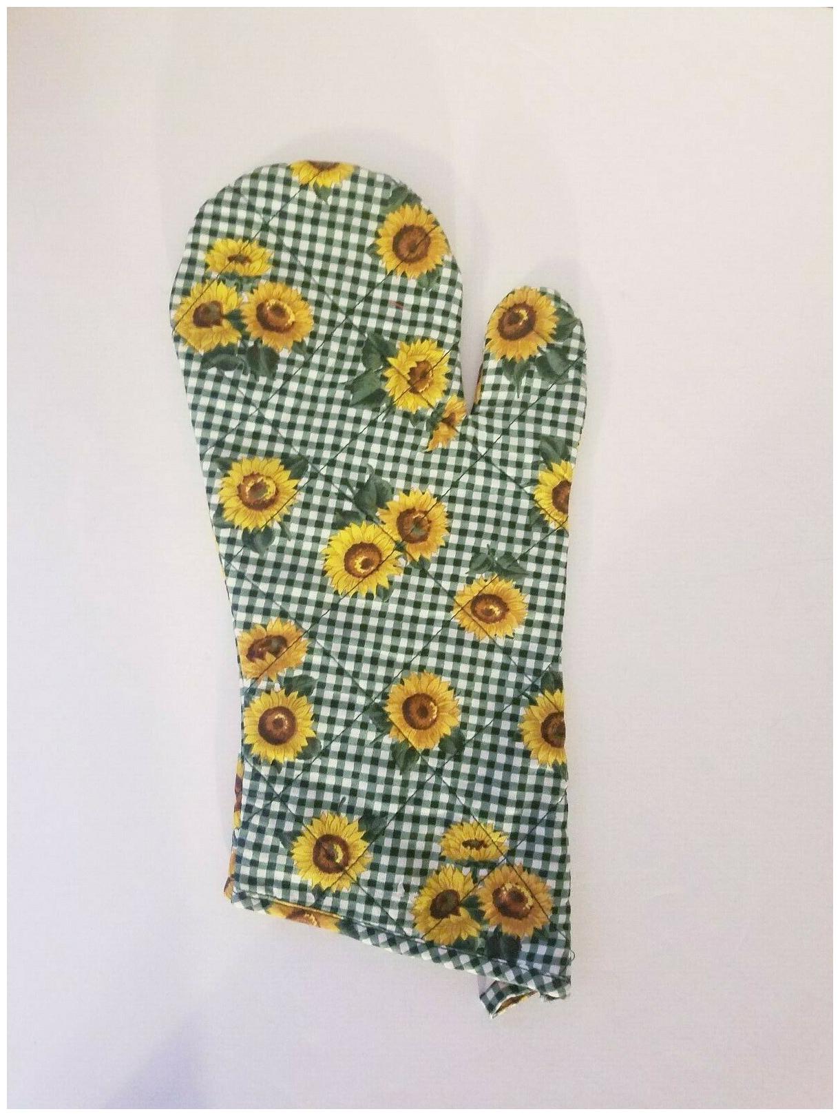 

Sunflowers Oven Mitt Green White Gingham Handmade Kitchen Glove Pot Holder