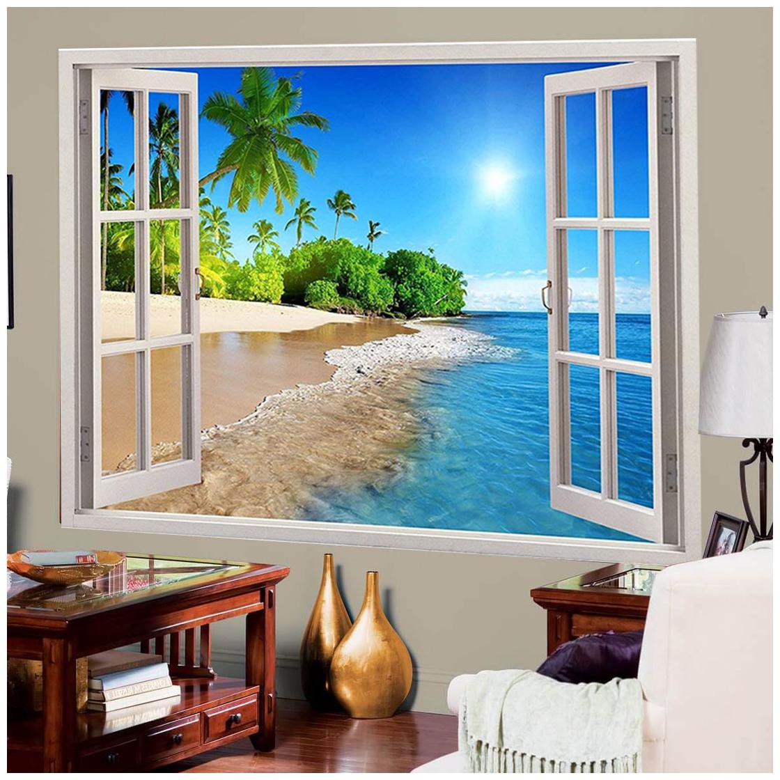 

Surmul Waterfalls Sea View Window Framed Wall Sticker For Home Decor