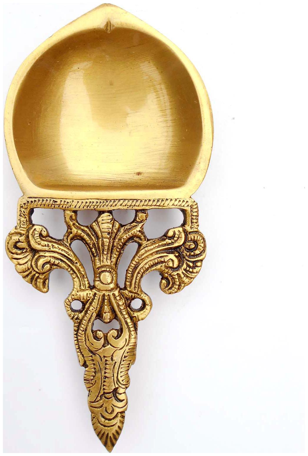 

Susajjit Decor Carved Brass Made Designer Hawan Spoon And Oil Diya In Antique Golden Finish
