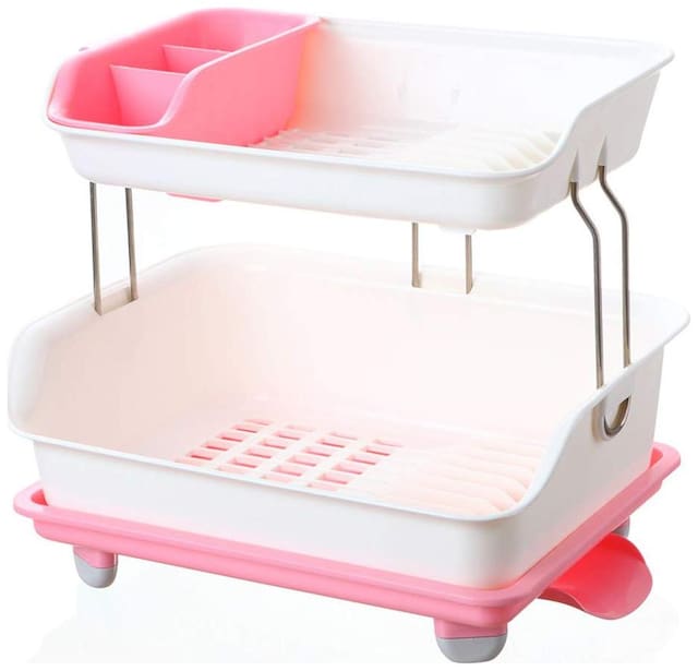SVK DReam Cupboard Plastic Kitchen Drain Dish Rack with Drain Tray Tableware Cutlery Storage Box Put Dish Rack Drain Rack ( Pink )
