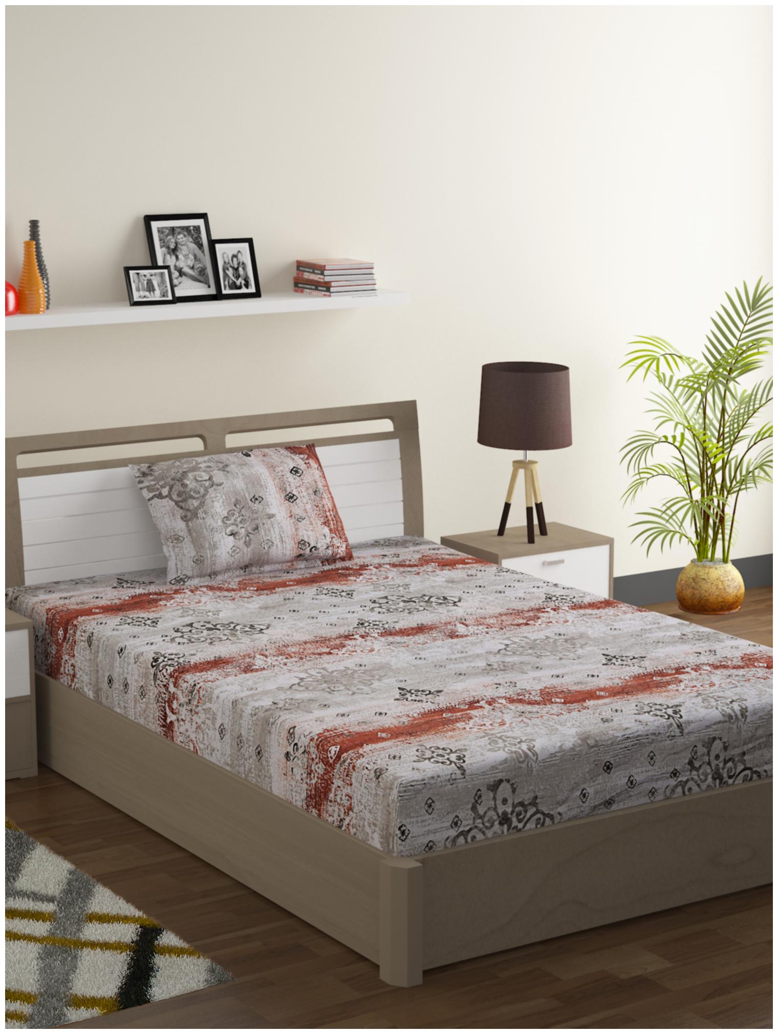 

Swayam Cotton Printed Single Size Bedsheet 144 TC ( 1 Bedsheet With 1 Pillow Covers Grey Red )