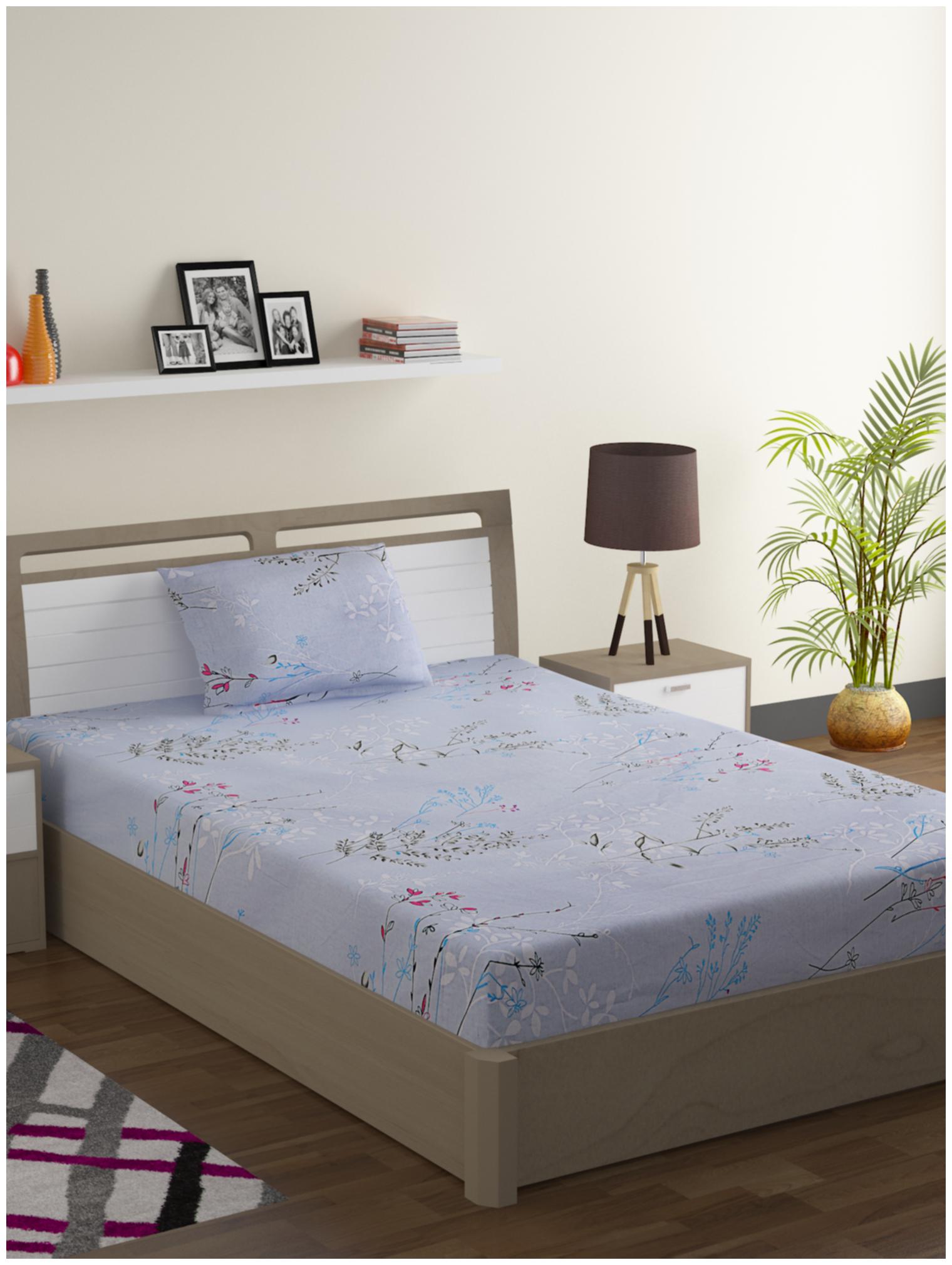 

Swayam Cotton Floral Single Size Bedsheet 144 TC ( 1 Bedsheet With 1 Pillow Covers Blue Grey )