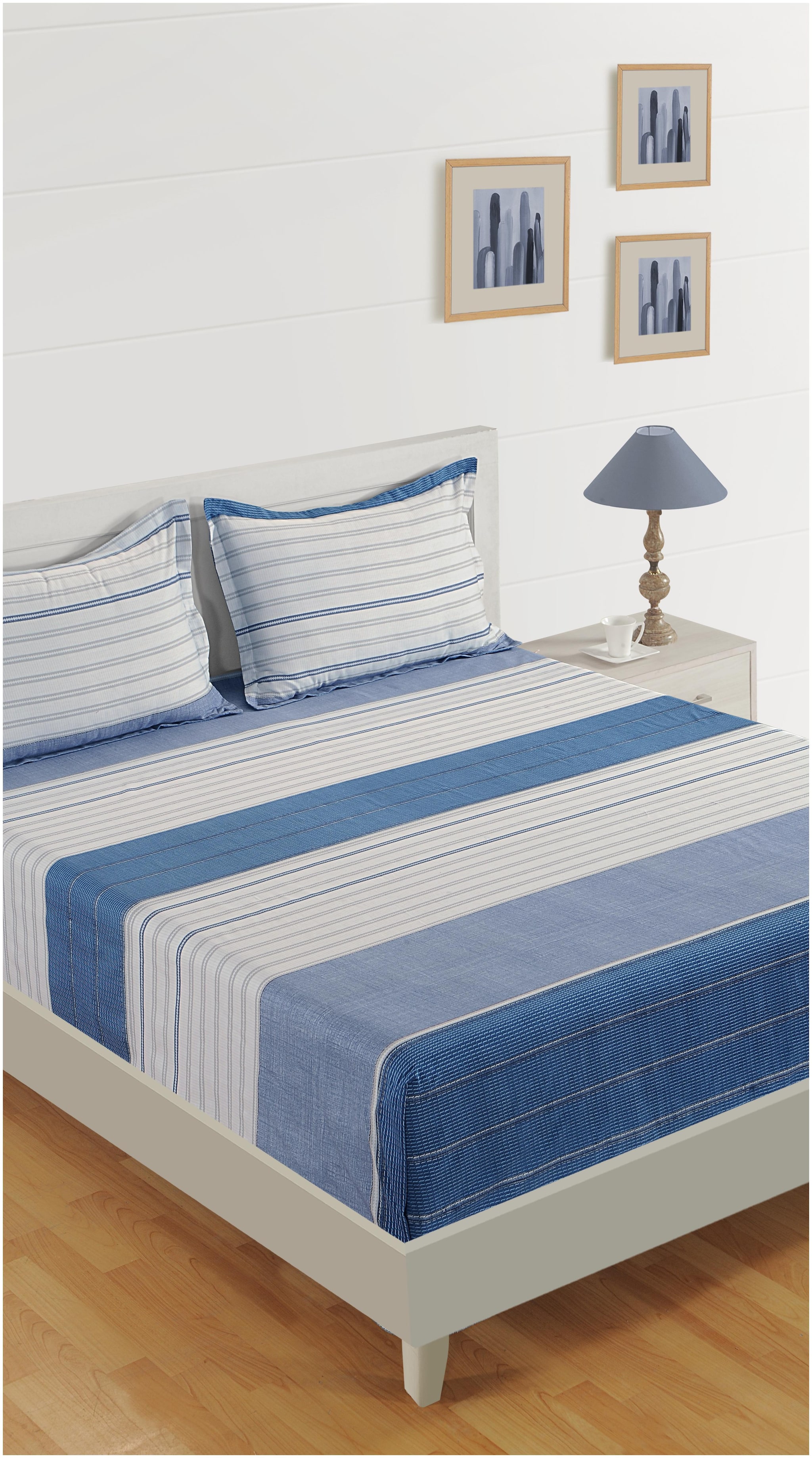 

Swayam Cotton Striped Queen Size Bedsheet 200 TC ( 1 Bedsheet With 2 Pillow Covers Blue )