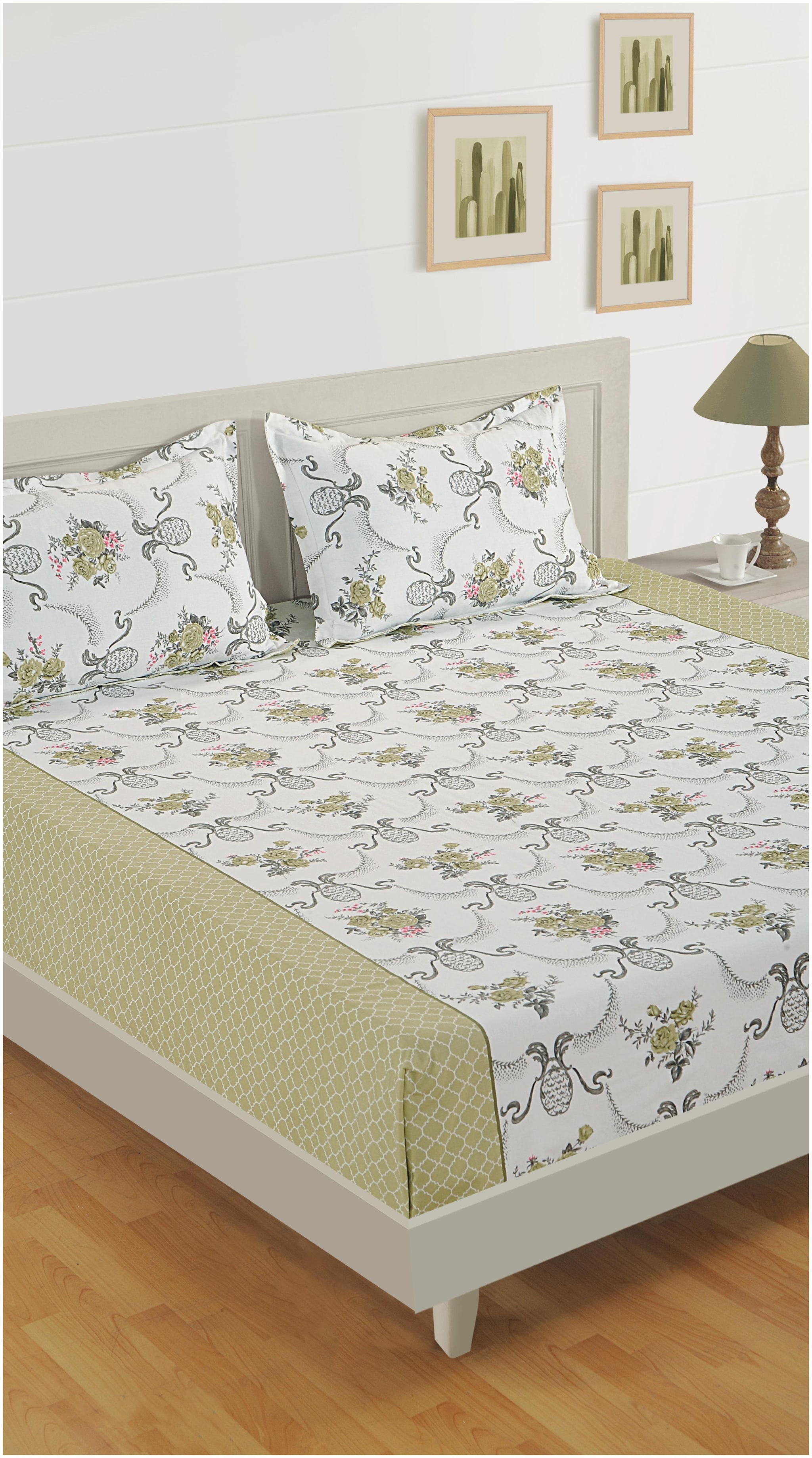 

Swayam Cotton Floral King Size Bedsheet 200 TC ( 1 Bedsheet With 2 Pillow Covers White Green )
