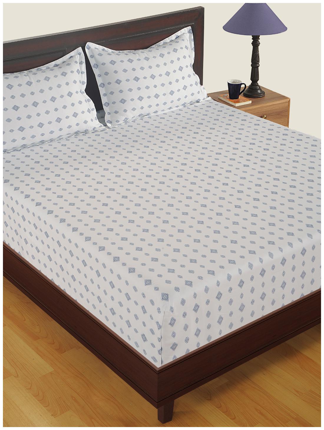 

Swayam Cotton Motifs Single Size Bedsheet 250 TC ( 1 Bedsheet With 1 Pillow Covers White Blue )
