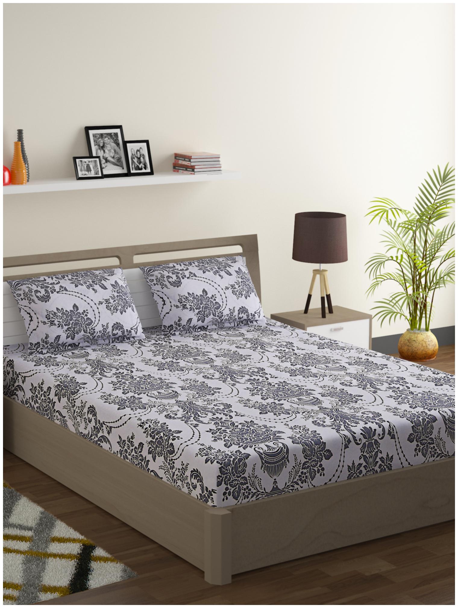 

Swayam Cotton Floral Double Size Bedsheet 120 TC ( 1 Bedsheet With 2 Pillow Covers Grey Off-white )