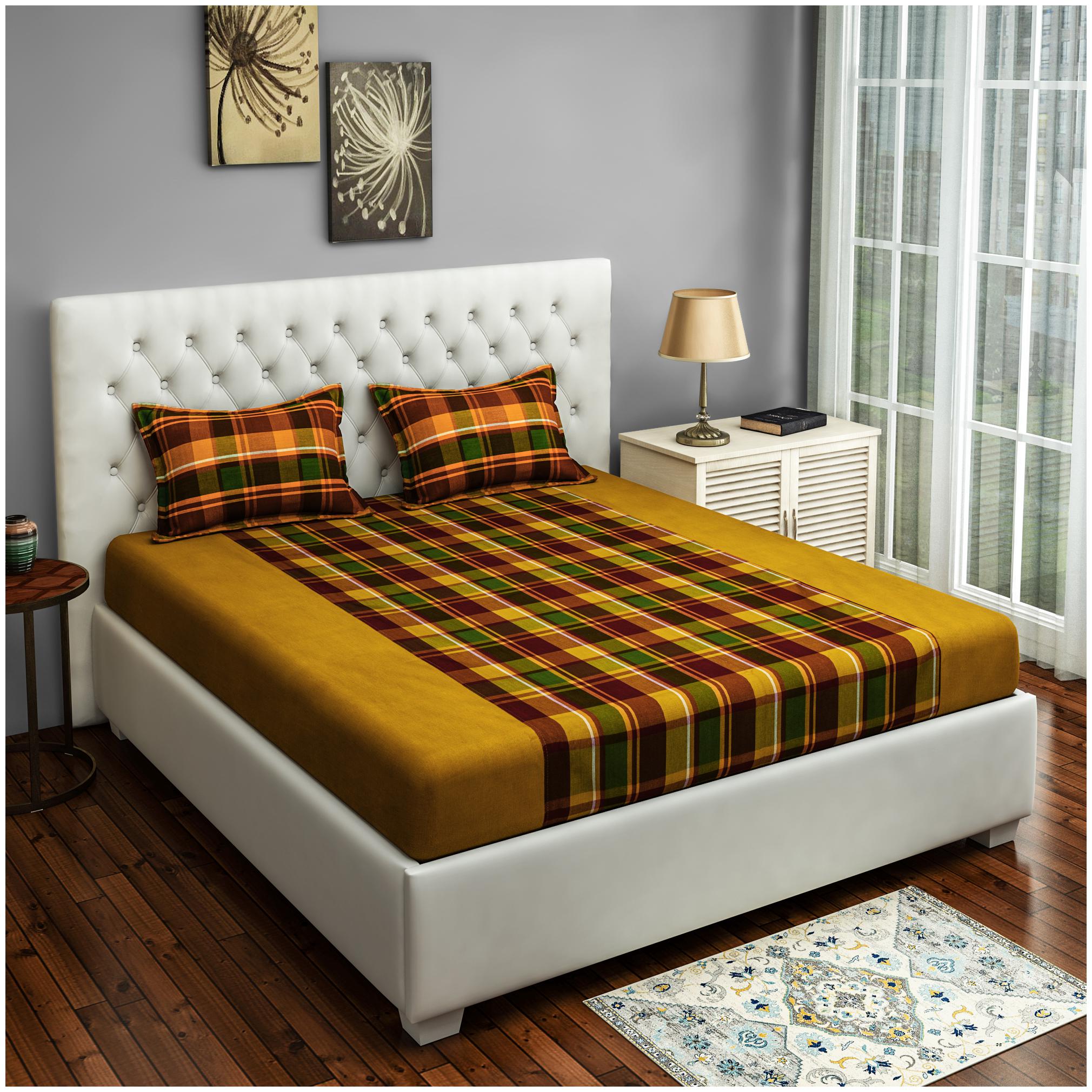 

Swayam Cotton Striped Double Size Bedsheet 180 TC ( 1 Bedsheet With 2 Pillow Covers Yellow )
