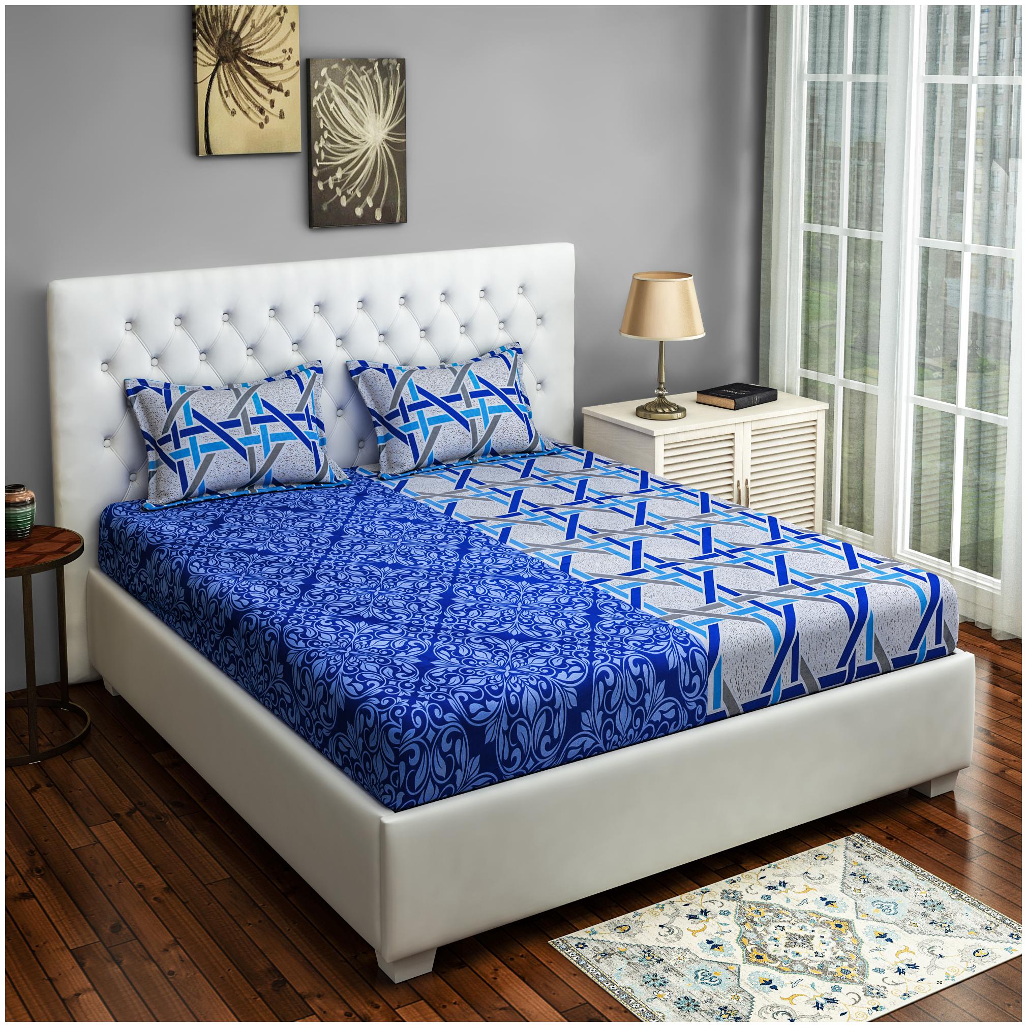 

Swayam Cotton Geometric Queen Size Bedsheet 160 TC ( 1 Bedsheet With 2 Pillow Covers Blue )