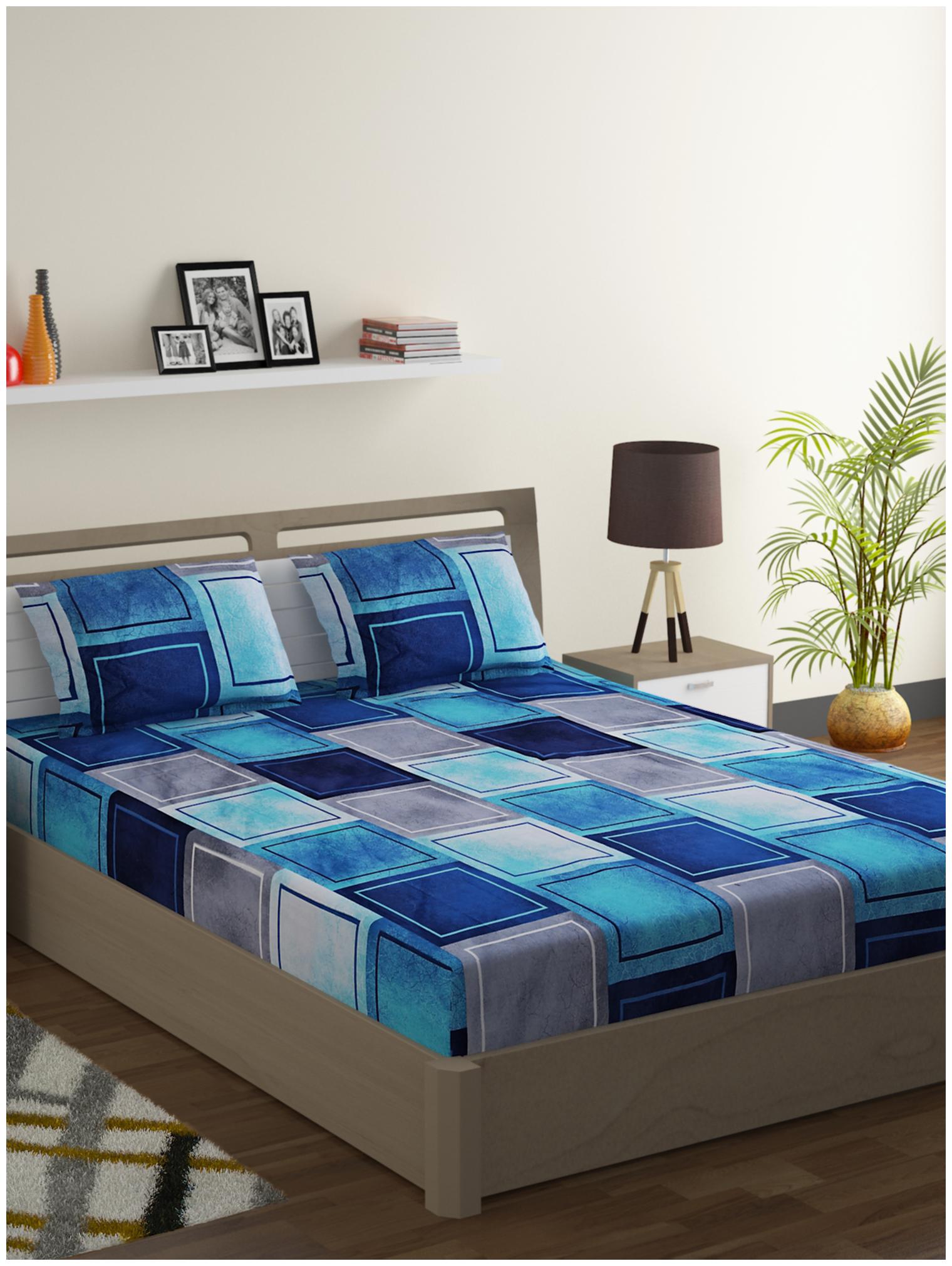 

Swayam Cotton Geometric Double Size Bedsheet 210 TC ( 1 Bedsheet With 2 Pillow Covers Blue Grey )