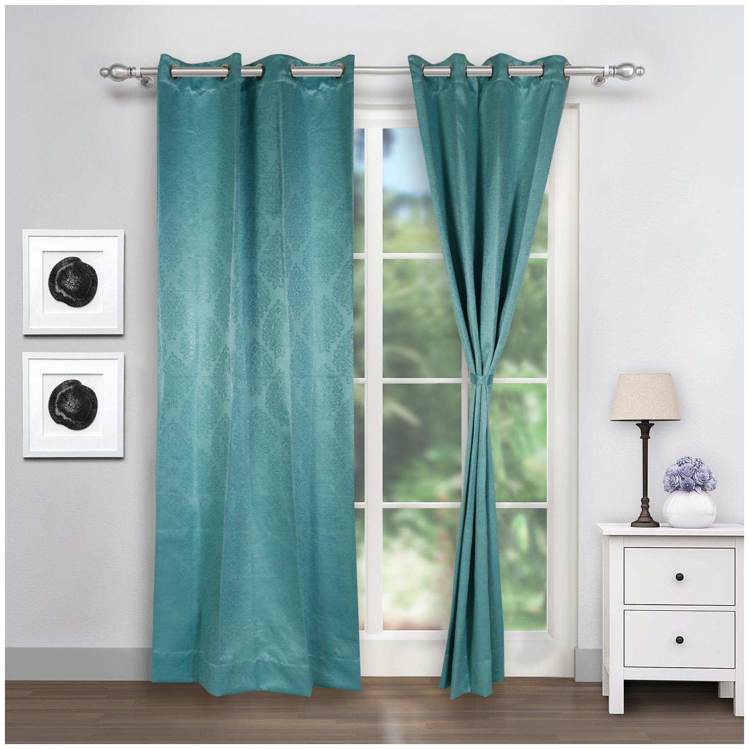 

Swayam Silk Long Door Blackout Turquoise Regular Curtain ( Eyelet Closure Motif )