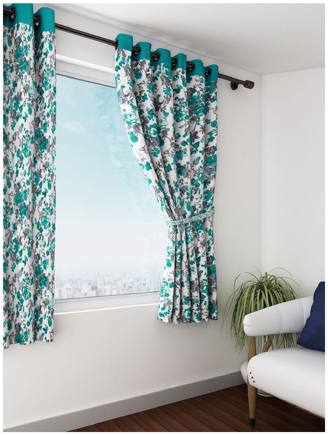 

Swayam Silk Window Blackout Turquoise Regular Curtain ( Eyelet Closure Floral )