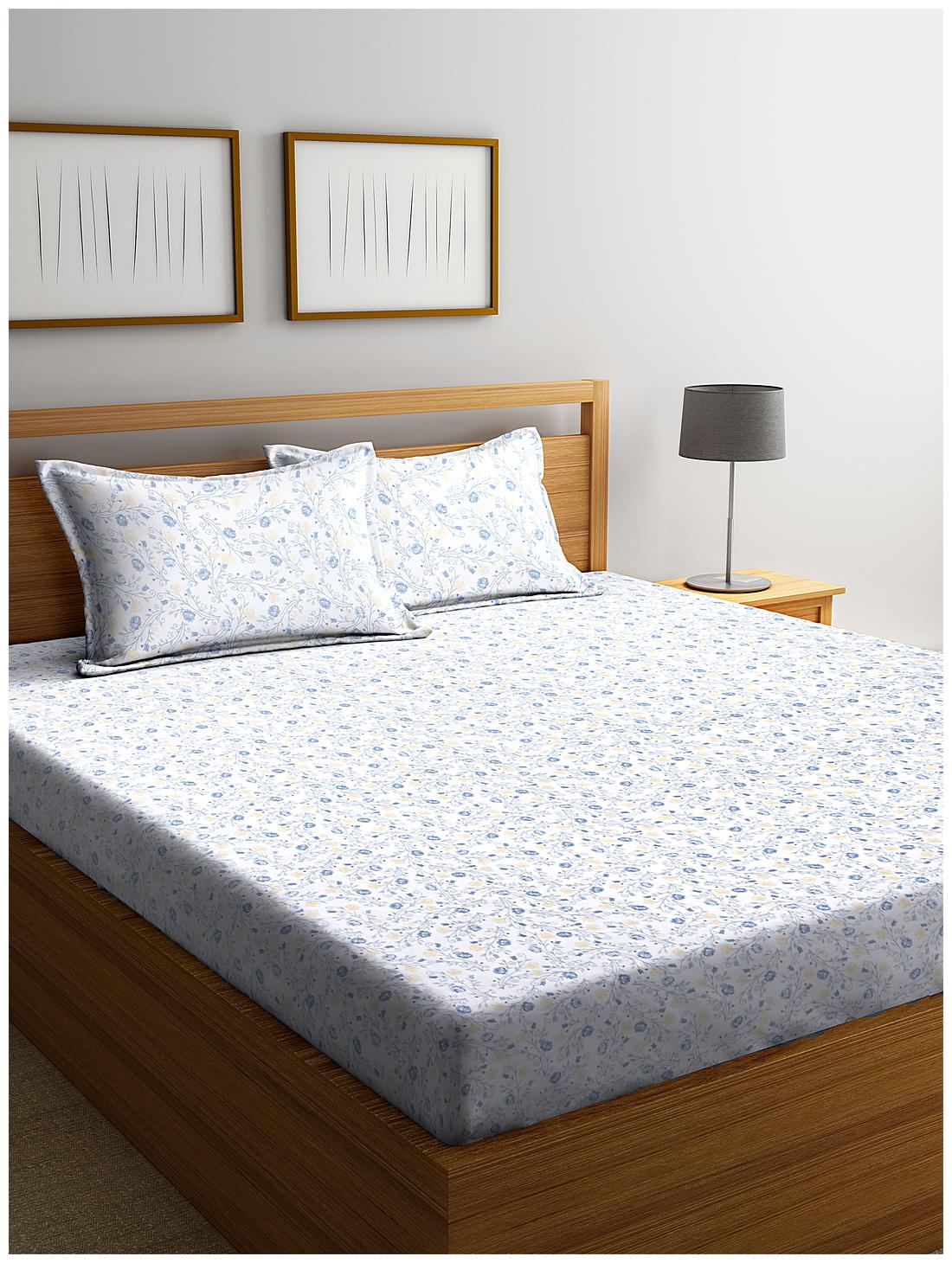 

SWHF Cotton Floral Double Size Bedsheet 180 TC ( 1 Bedsheet With 2 Pillow Covers Blue White )